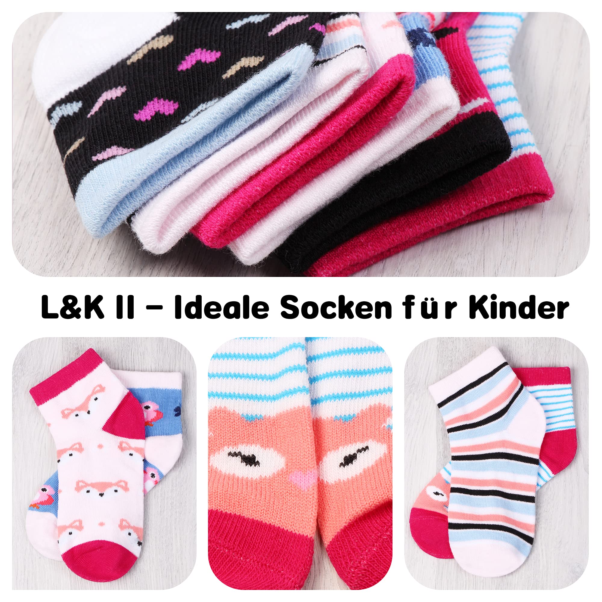 L&K-II 10/12 paia di calzini per bambina con simpatici motivi a cuore Calzini per bambini calzini da ginnastica multicolor 2825