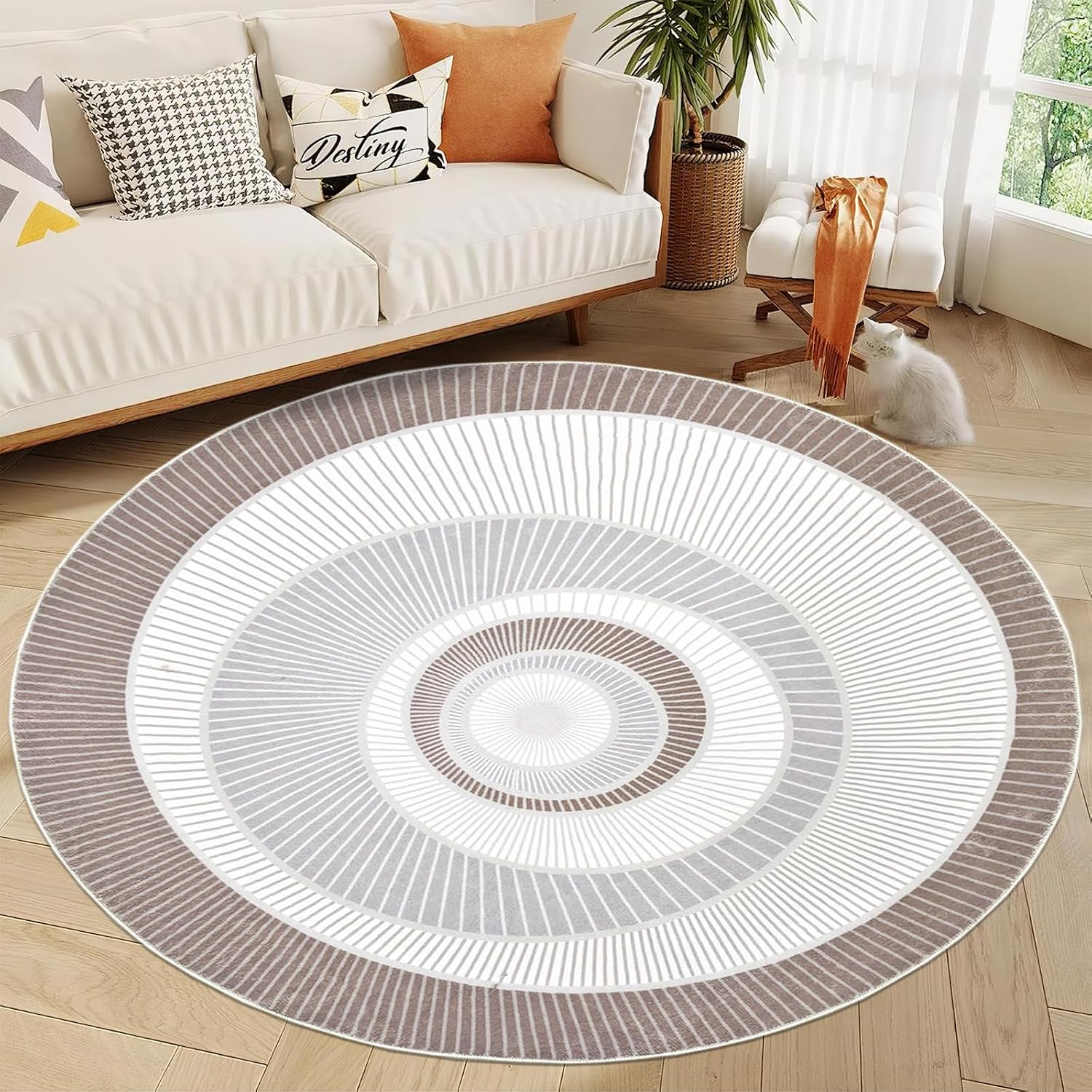Modern Abstract Rug 5Ft Round Washable Carpet for Bedroom Living Room Framhouse, Circle Geometric Floor Mat for Home Office, Chic Contemporary, Conch Shell Pattern, Indoor Decor, Coffee/Grey