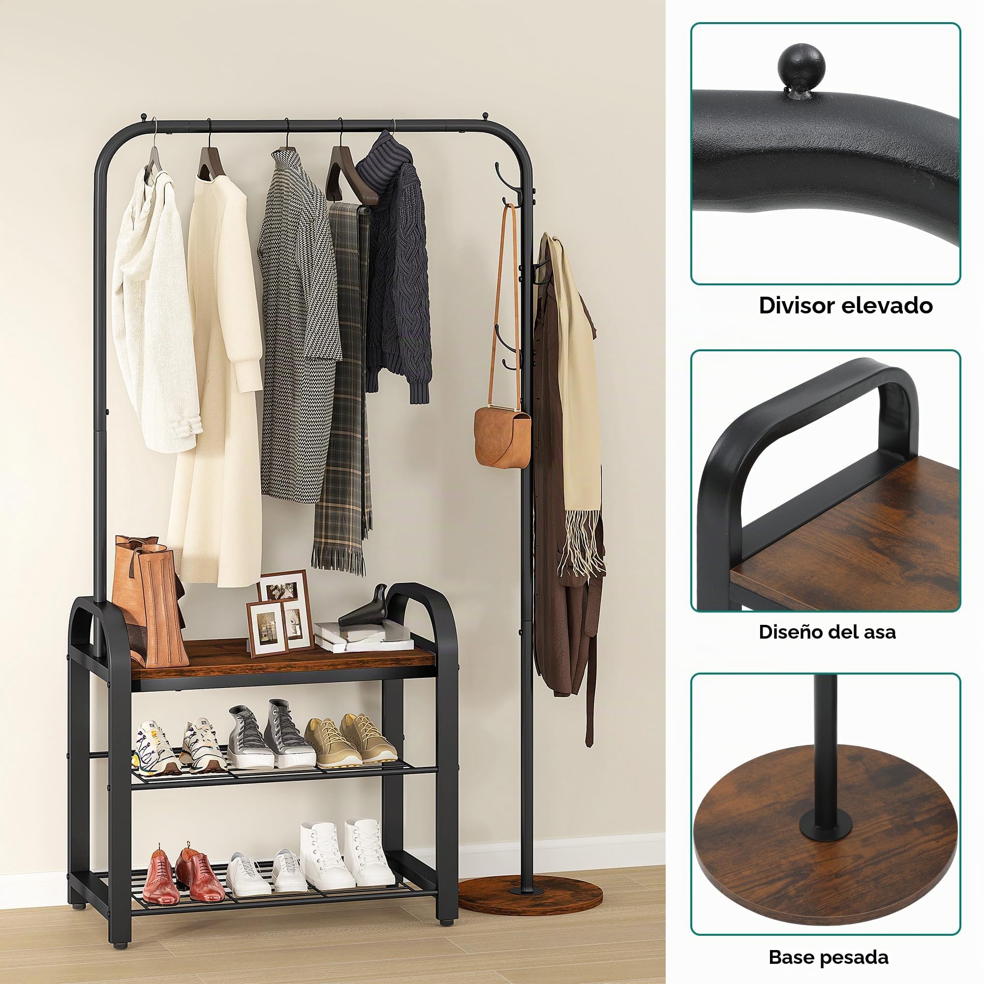 YITAHOME Perchero con zapatero, Perchero industrial con banco para zapatos, Perchero de pie con 3 ganchos, Perchero para ropa, Riel para ropa, Colgador, para sala de estar, pasillo, vestíbulo