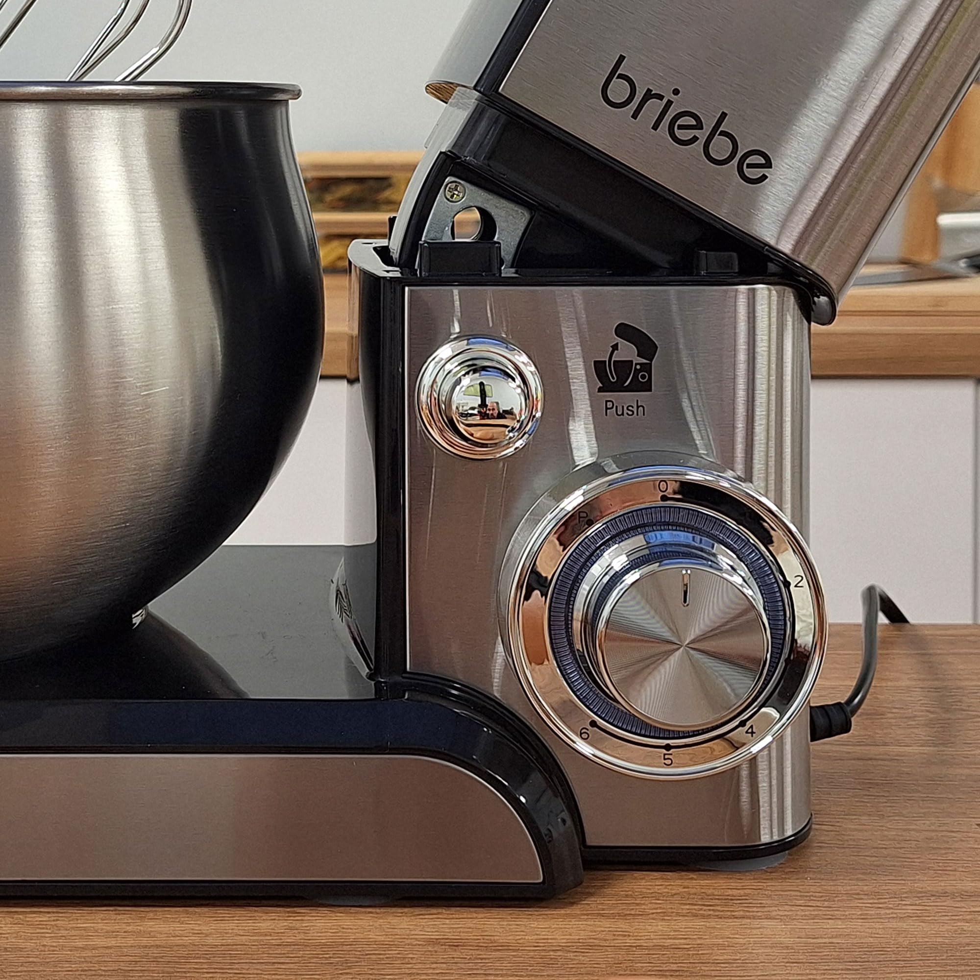 briebe Mikser do ciasta 1800 W MAX, profesjonalny robot kuchenny, ruch orbitalny, pręty, hak do ciasta, łopatka do mieszania, 5 l, 6 prędkości + funkcja pulsu, Inox KM1114