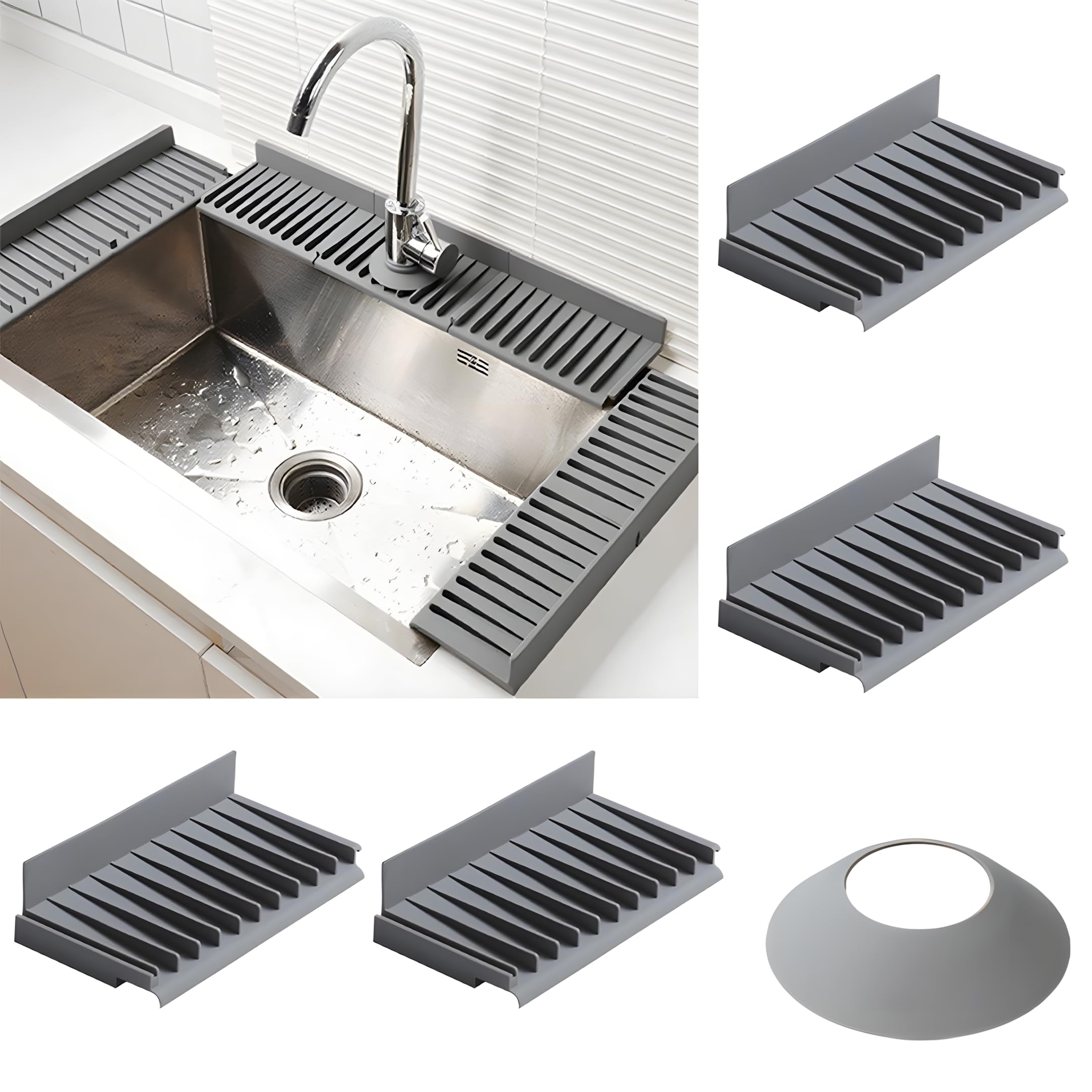 Interlocking Silicone Sink Drying Mat with Tap Collar - Splash Guard Design, Fits Most European Taps (Gray,20x11x5cm(4 pcs))