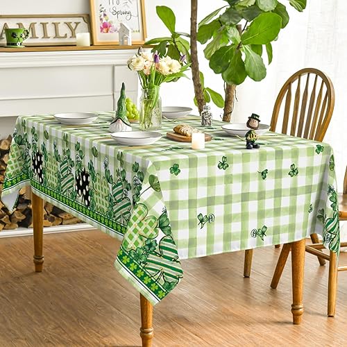Miniatura 3 de Horaldaily Mantel rectangular del Día de San Patricio de 52 x 70 pulgadas, funda de mesa de trébol a cuadros de búfalo para decoración de fiesta,