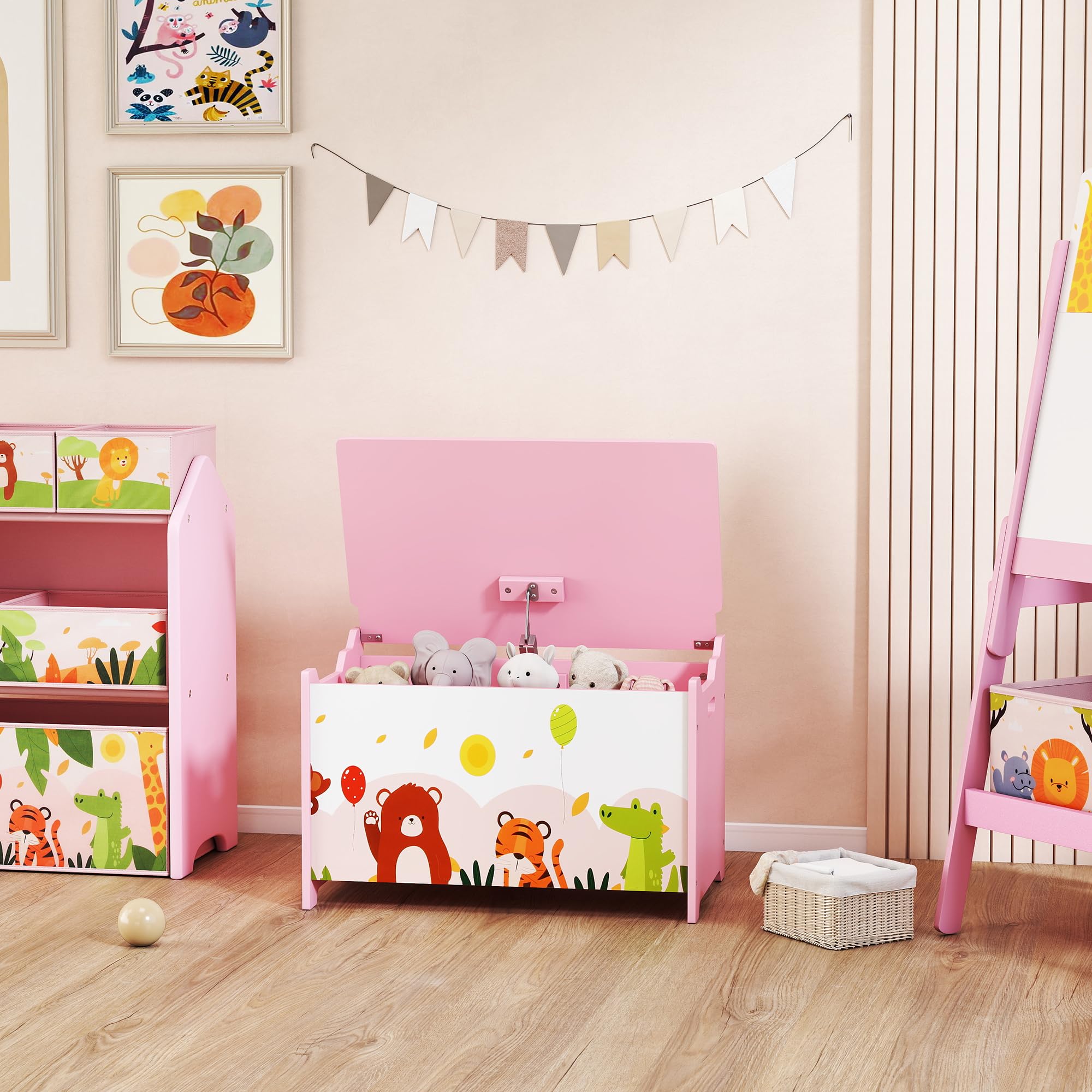 AIYAPLAY Baule Portagiochi per Bambini, Contenitore per Giocattoli in Legno con Cerniere di Sicurezza, Mobile per Cameretta e Salotto con Disegni di Animali, 60x37x39 cm, Rosa
