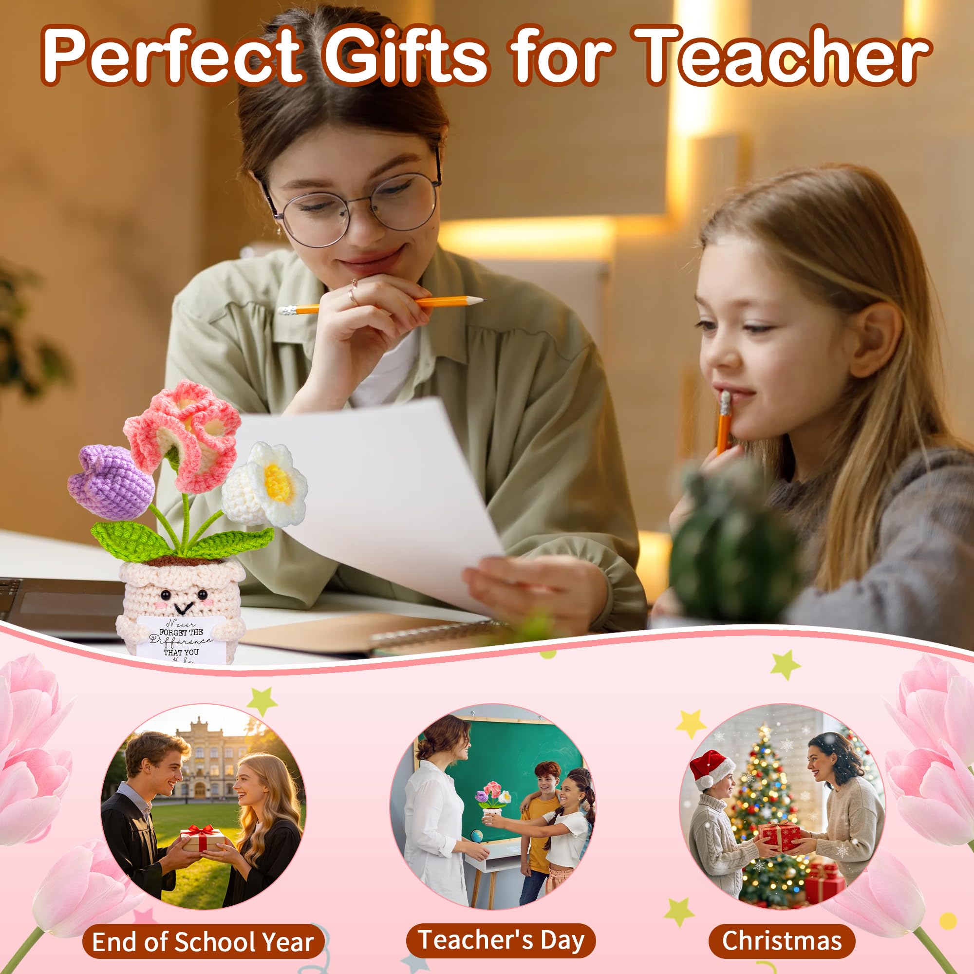 Teacher Appreciation Gifts, Thank You Teacher Gifts, Graduation Birthday Retirement Gift for Teachers Mentor Coworker Boss, Cute Handmade Crochet Carnations 3 Flowers Pot Doll Teacher's Day Bulk Gift - 5