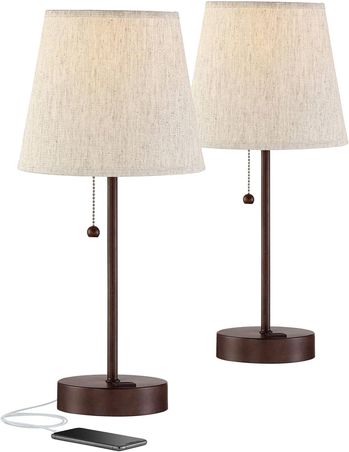Bronze Metal Table Lamps with Beige Fabric Drum Shade and USB Ports