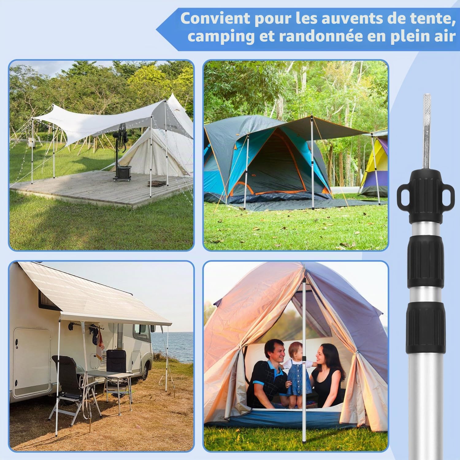 Fiqops Barres de tente télescopiques pour camping, barres de tente en aluminium, réglables de 87,5 cm à 234,5 cm, avec 3 segments