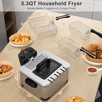 Electric Deep Fryer with 3 Baskets, 5.3Qt Adjustable Temperature Electric Oil Fryer w/Timer, View Window Lid, Professional Style, Non-Stick Inner Pot Easy to Clean, Deep Fryer for Home Use