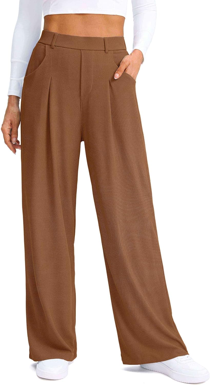 SANTINY Wide Leg Pants Woman Elastic High Waisted Waffle Knit Slacks Business Casual Work Pants Pleated Trousers with Pockets