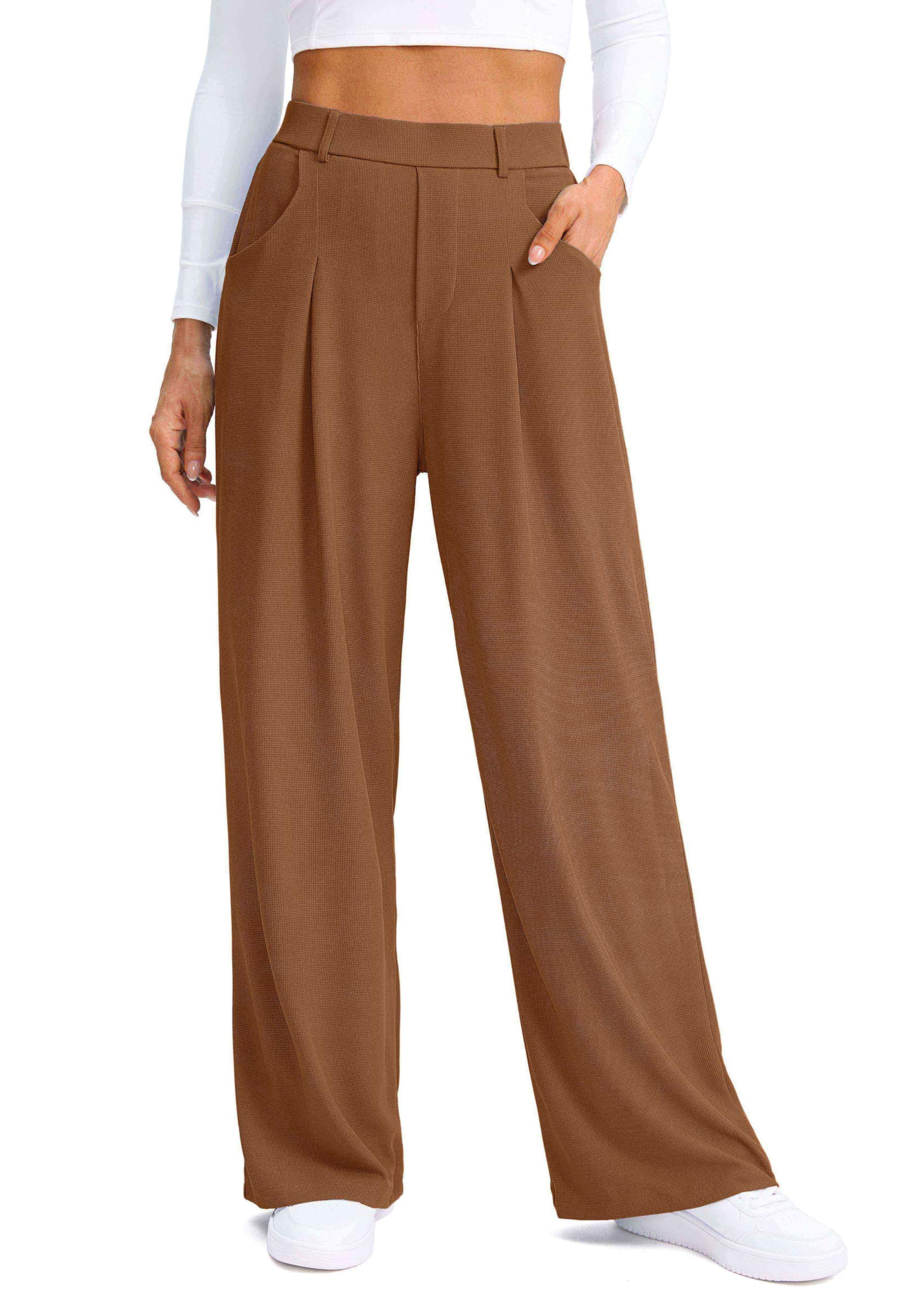 SANTINY Wide Leg Pants Woman Elastic High Waisted Waffle Knit Slacks Business Casual Work Pants Pleated Trousers with
