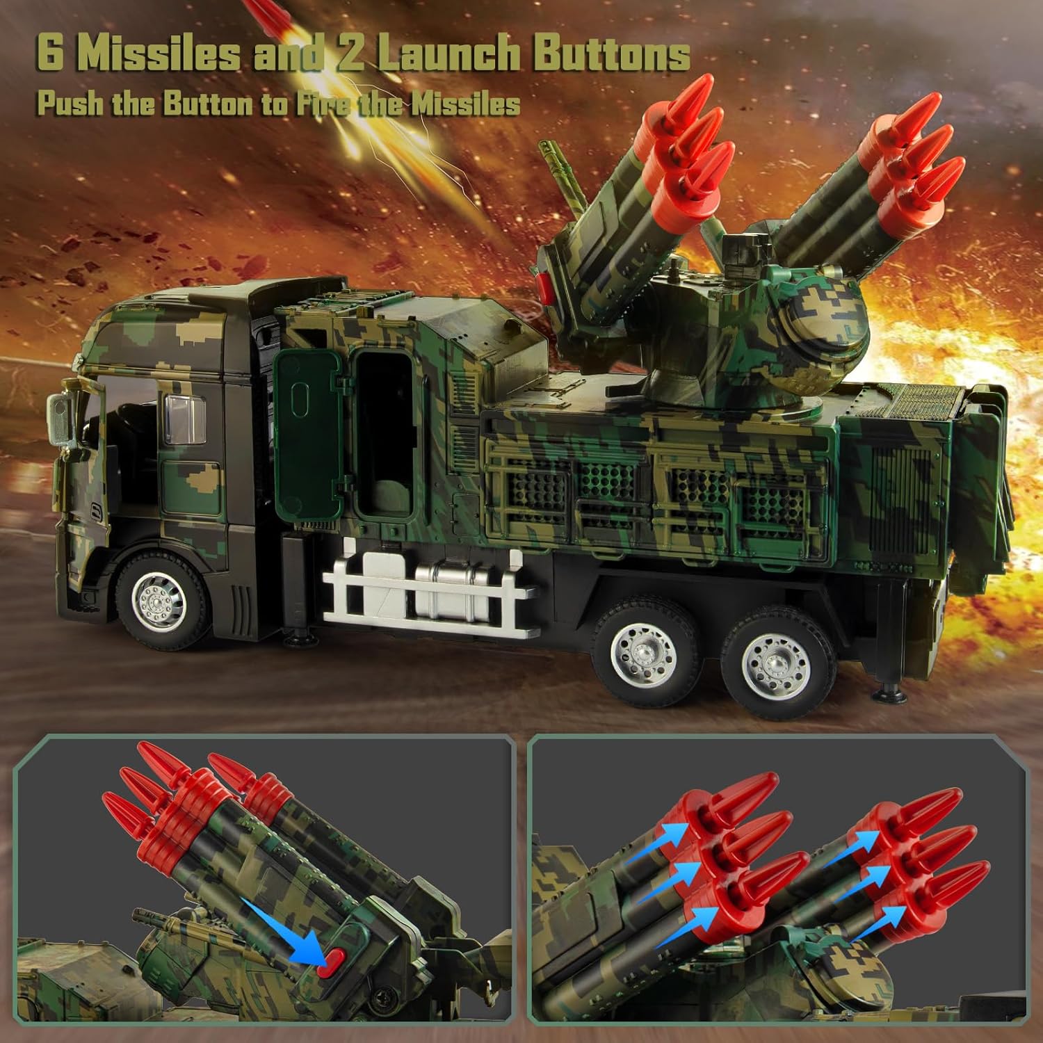 Youlechen Army Toys for Boy, Military Vehicle Toy with 6 Missile Launcher, Pull Back Army Model Truck with Light and Sound, Military Missile Alloy Vehicle Toys for Kids Age 3-6