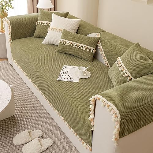 Miniatura 4 de vctops Funda de sofá bohemia con borlas con pompones, funda de sofá modular de pana súper suave, antideslizante, lavable, protector de muebles
