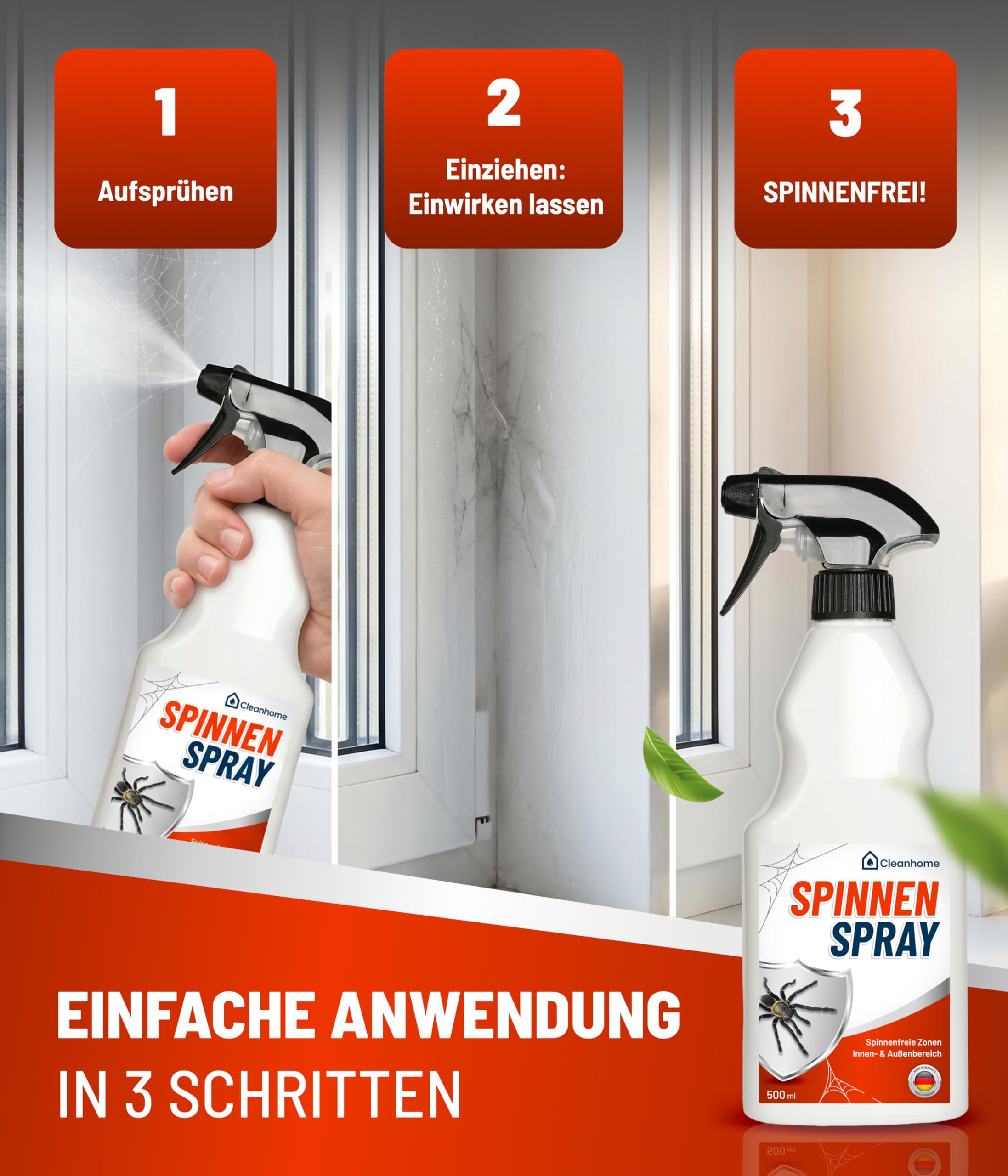 CLEANHOME® Spinnenspray 500ml - Effektive Spinnenabwehr für Innen & Außen - Langzeitwirkung bis zu 3 Monate - Sicher für Haustiere - Ideal für Haus & Garten - Made in Germany