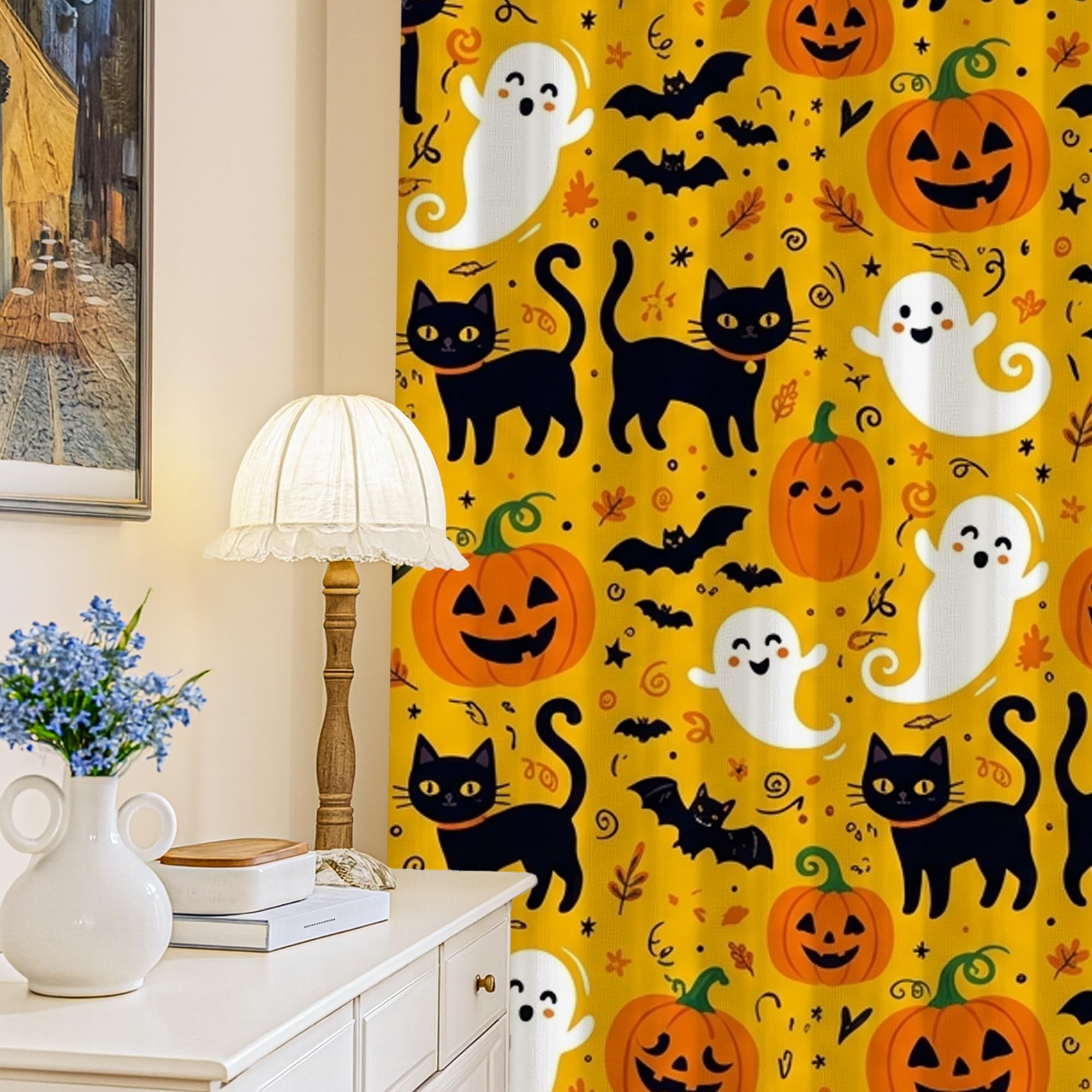 Rideaux occultants occultation totale lumière motif citrouilles Halloween rideau jaune 213cm