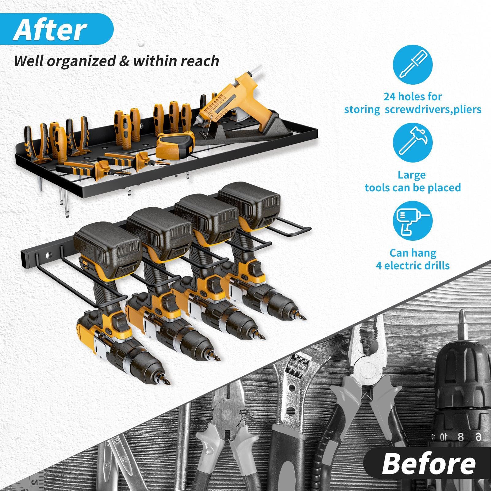 Organizador de herramientas inalámbrico | Organizador de herramientas eléctricas de garaje de montaje en pared | 3 capas de almacenamiento de metal resistente para destornillador, jardín y