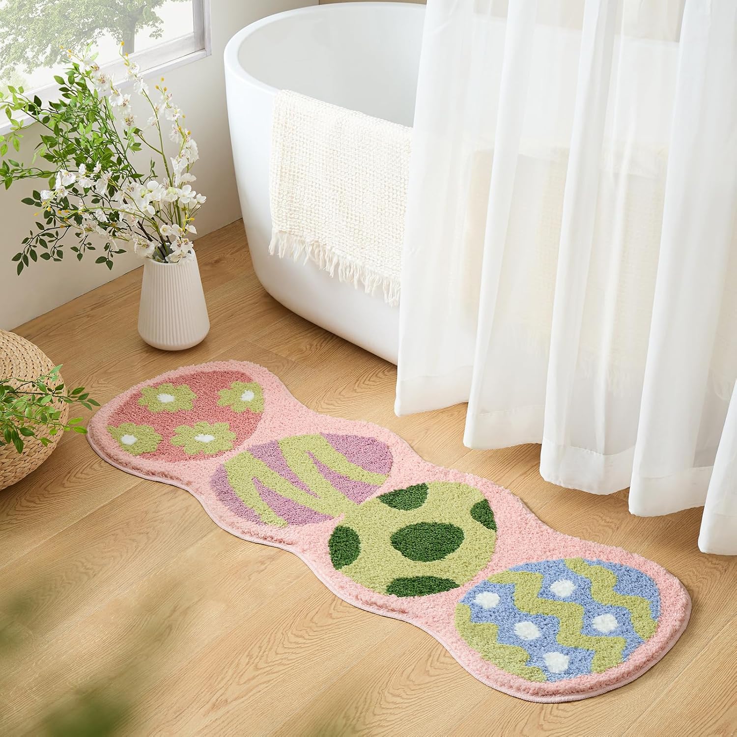 Ashler Home Deco Pink Eggs Area Rug, 17 x 47 IN, Modern Playful, Machine Made, Cartoon, Non Slip, Washable, Easter Decor for Home