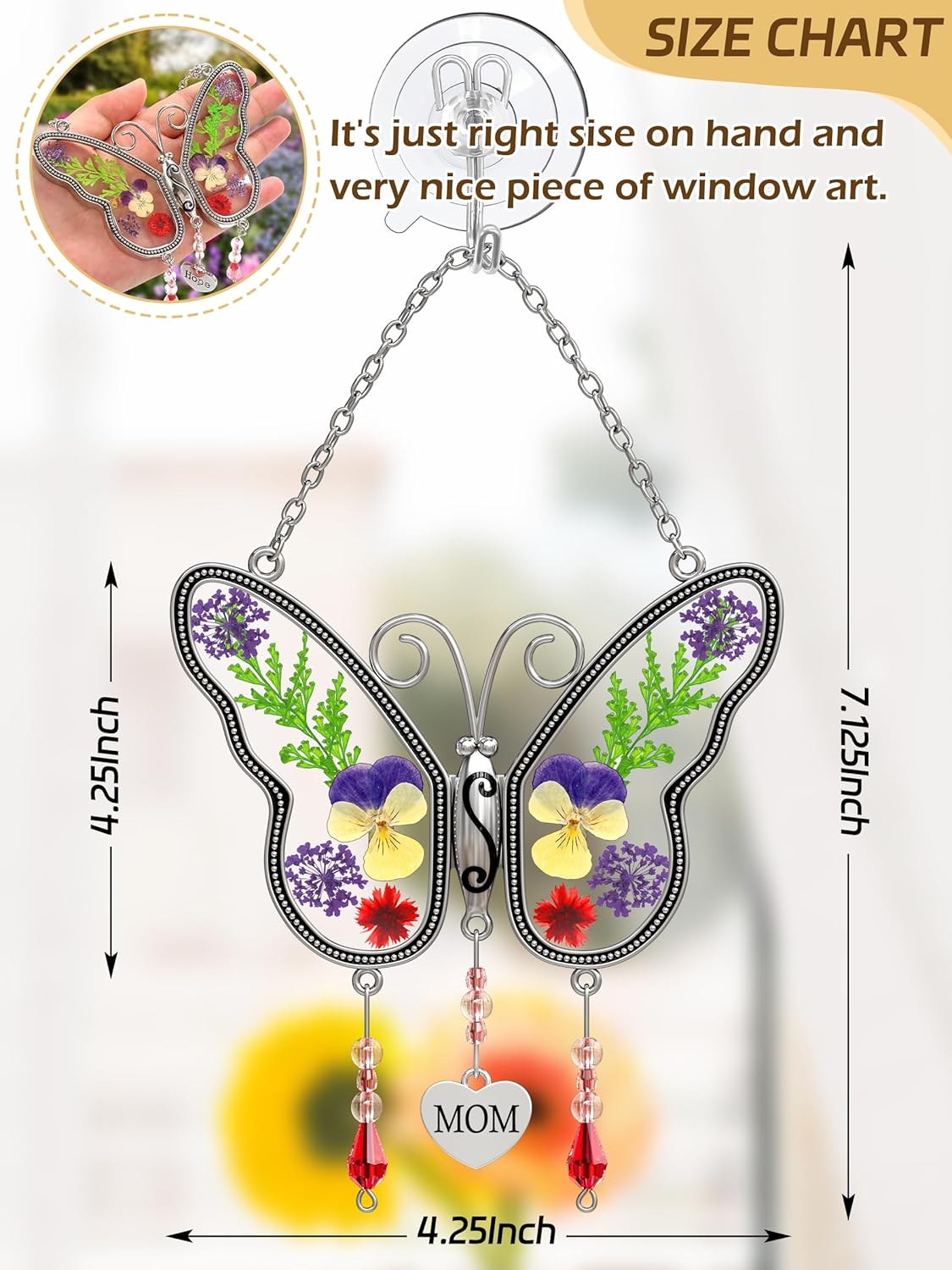Butterfly Suncatcher Mom Gifts Stained Glass Sun Catchers for Windows Hangings Ornaments with Pressed Flower Wings Embedded in Glass and Metal Trim MOM Heart Charm Birthday Gifts for Mom - Image 5