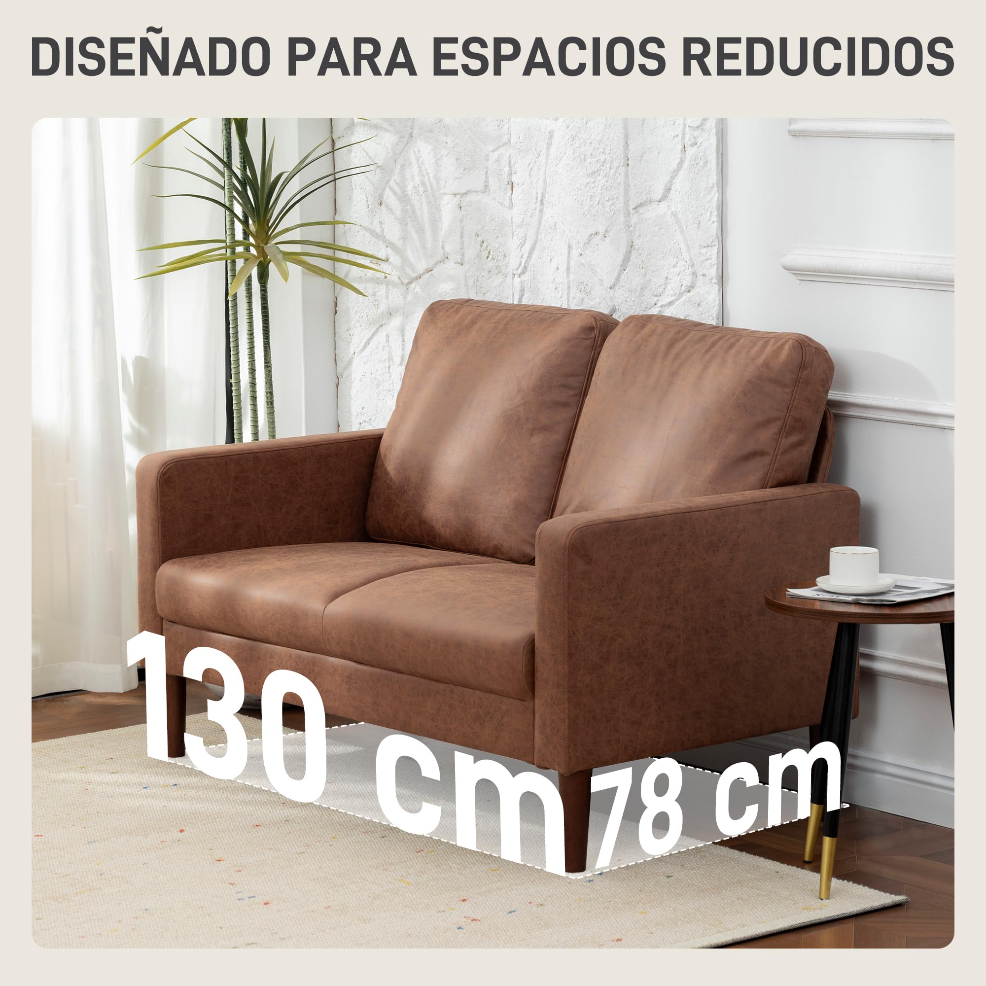 HOMCOM Sofá de 2 Plazas, Tapizado en Microfibra, Sofá Moderno con Patas de Madera, Reposabrazos, para Salón, Dormitorio, Oficina, Sala de Estar, 130x78x85 cm, Marrón