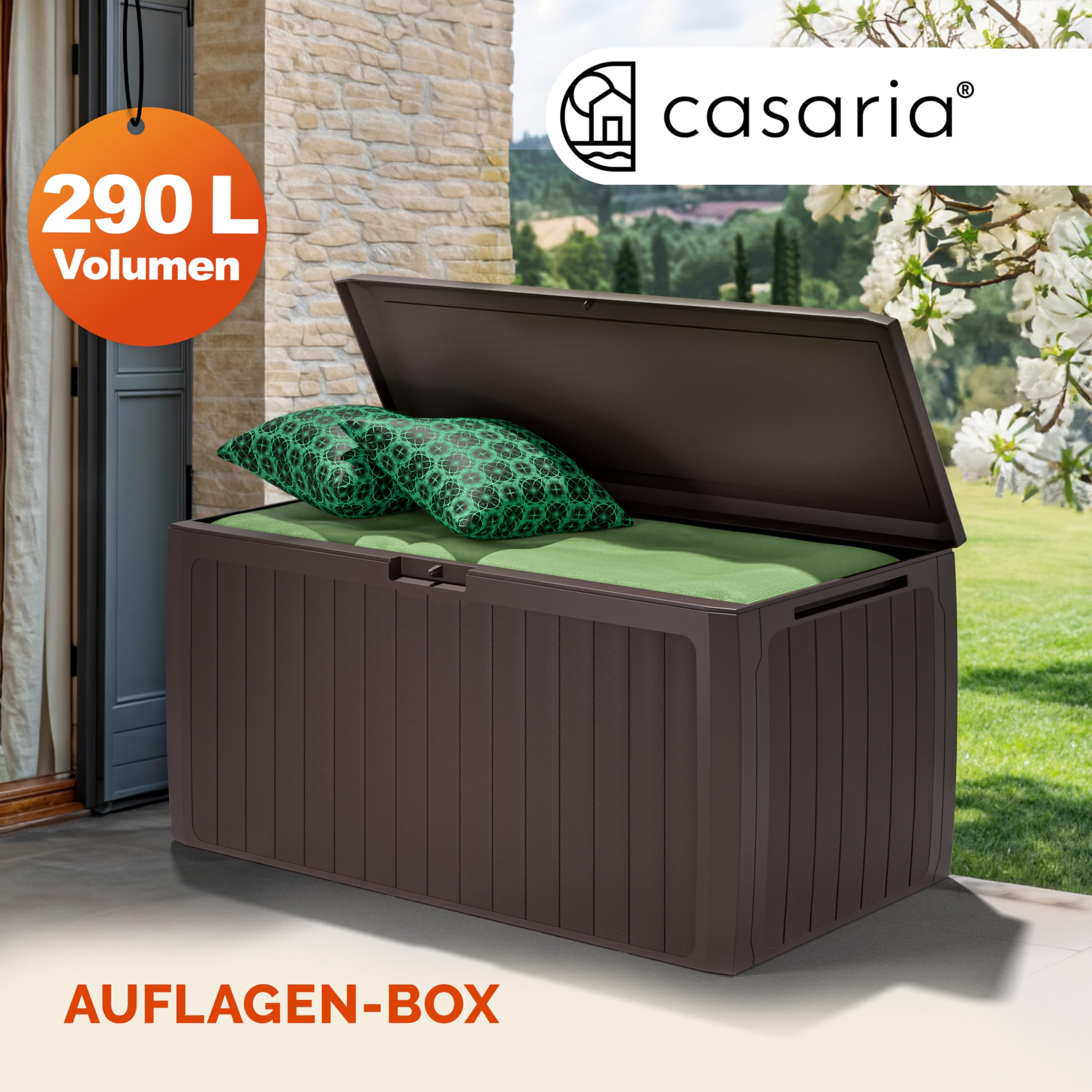 Casaria Baule da Giardino 117x47x60cm Aspetto Legno 290L Box Multiuso Multibox Cuscini 6 Ruote Coperchio Esterno