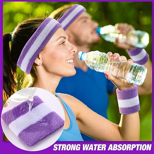 Miniatura 6 de Eurzom El juego de 36 bandas para el sudor a rayas a granel incluye 12 diademas a rayas que absorben el sudor y 24 pulseras de algodón para el sudor