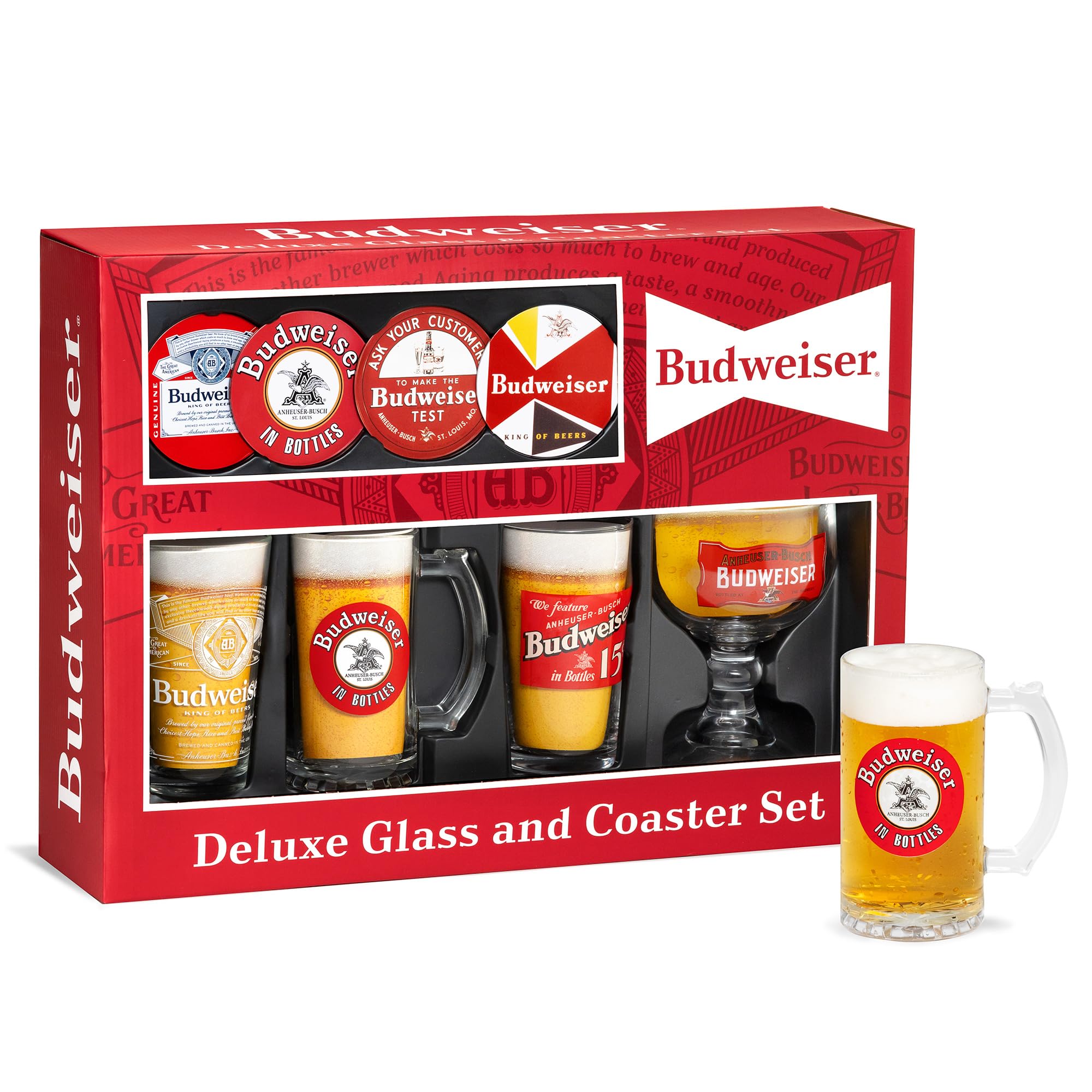 【Budweiser】グッズ Amazon.com: Budweiser 4 Beer Glass and Coaster Deluxe Gift