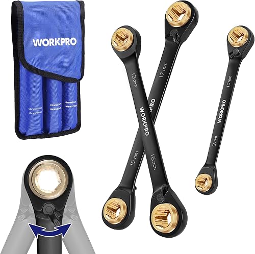 WORKPRO 3 PCS 4-in-1 Reversible Ratcheting Wrench Set, Metric, Anti-Slip | 12 Sizes in 3 Wrenches (8MM to 19MM), Double Box End, 72-Tooth, CR-V, 6-Point, with Storage Bag - for Repair & Maintenance