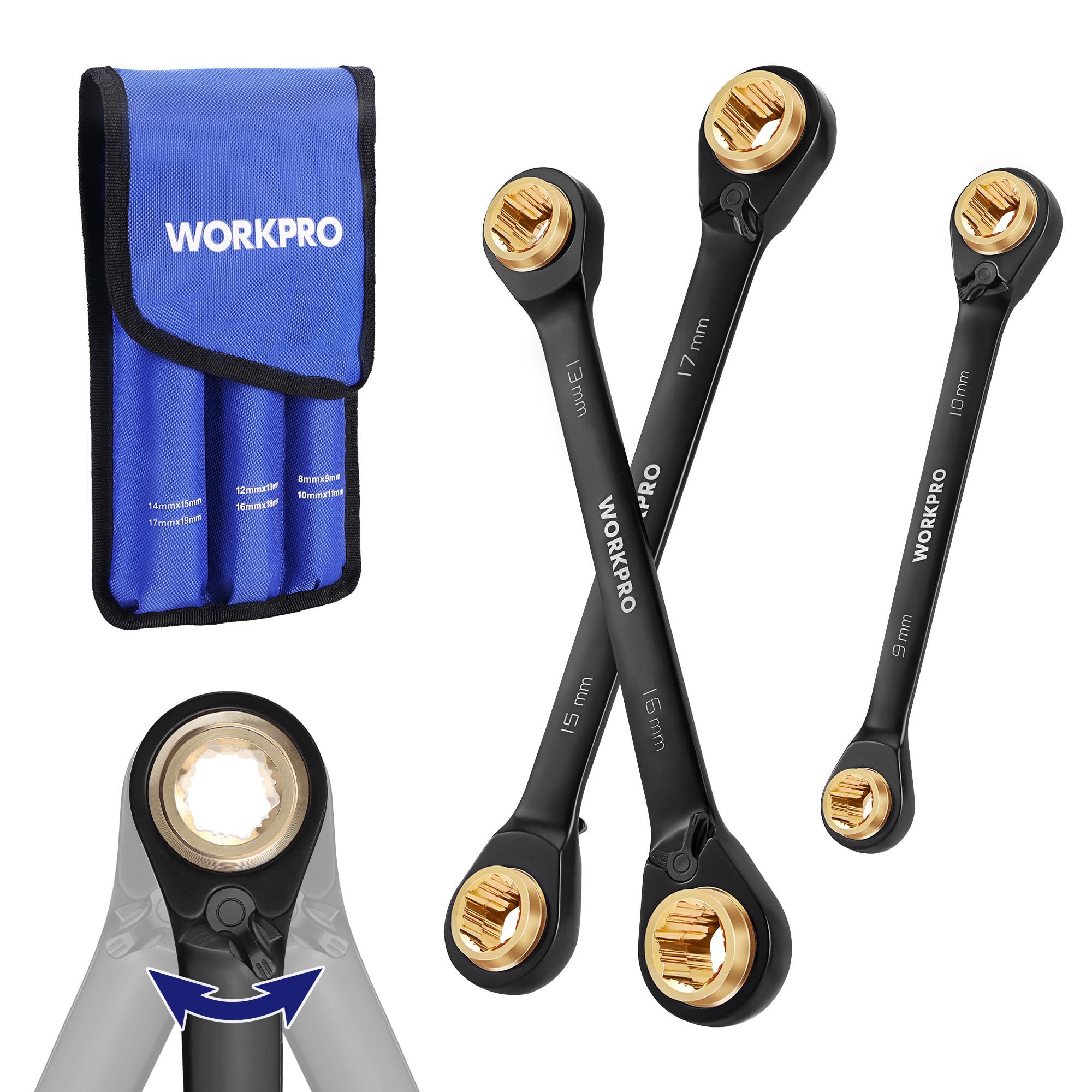 WORKPRO 3-Piece 4-in-1 Reversible Ratcheting Wrench Set, 12 Sizes in 3 Wrenches (8MM to 19MM), Metric, Anti-Slip, Double Box End, 72-Tooth, CR-V, 6-