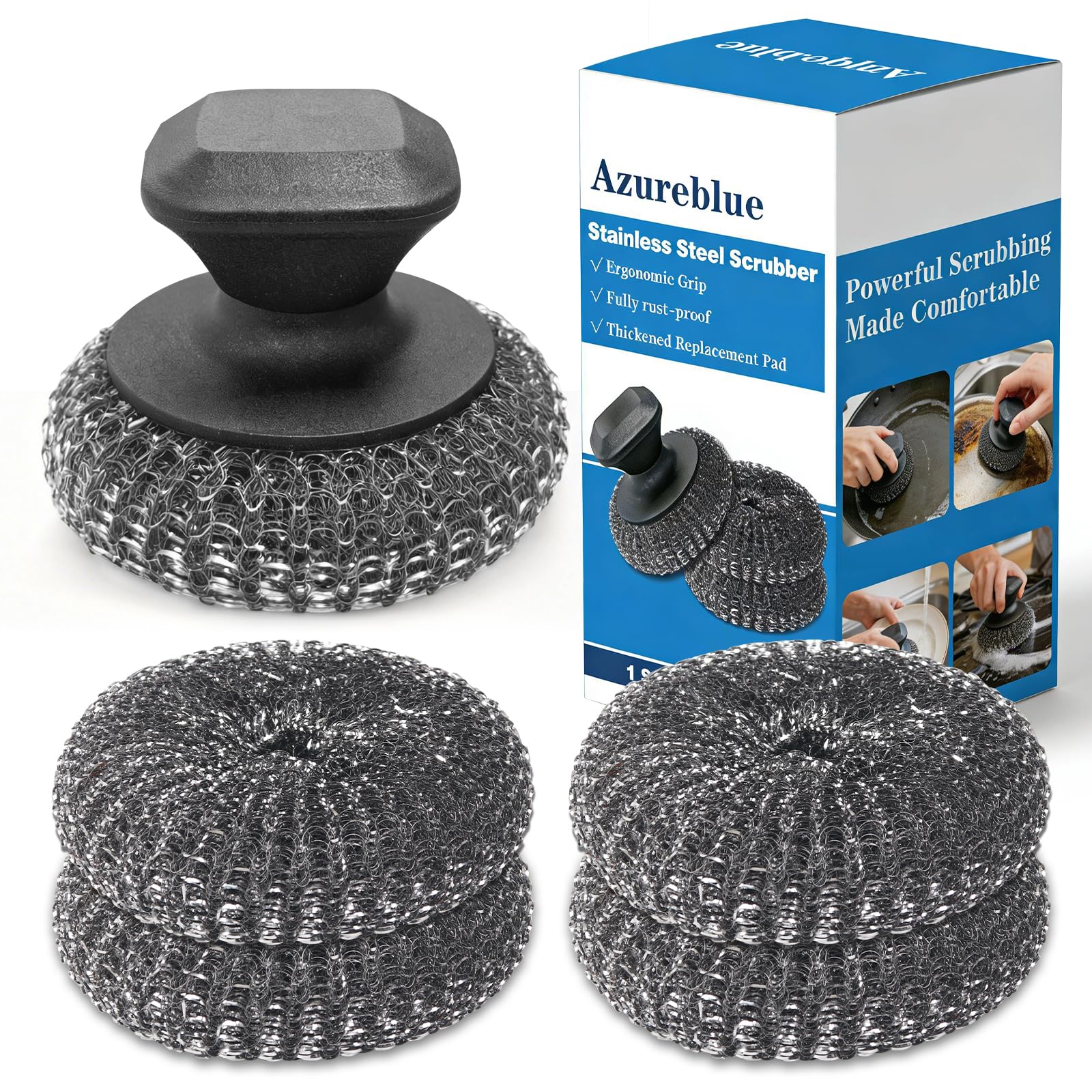 5-Pack Steel Wool Scrubber, Stainless Steel Scrubber Wire Sponge Pads with Handle, Pan Cleaning Scrubber for Scouring Stubborn Messes from Cast Iron, Frying Pan, Oven, Grill, Heavy Duty Pot Scrub