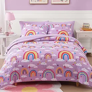 Full Size Comforter Set for Boys-7 Pieces Purple Rainbow Glow in The Dark Full Bedding Sets for Kids, Ultra Soft Bed in A Bag with Sheets
