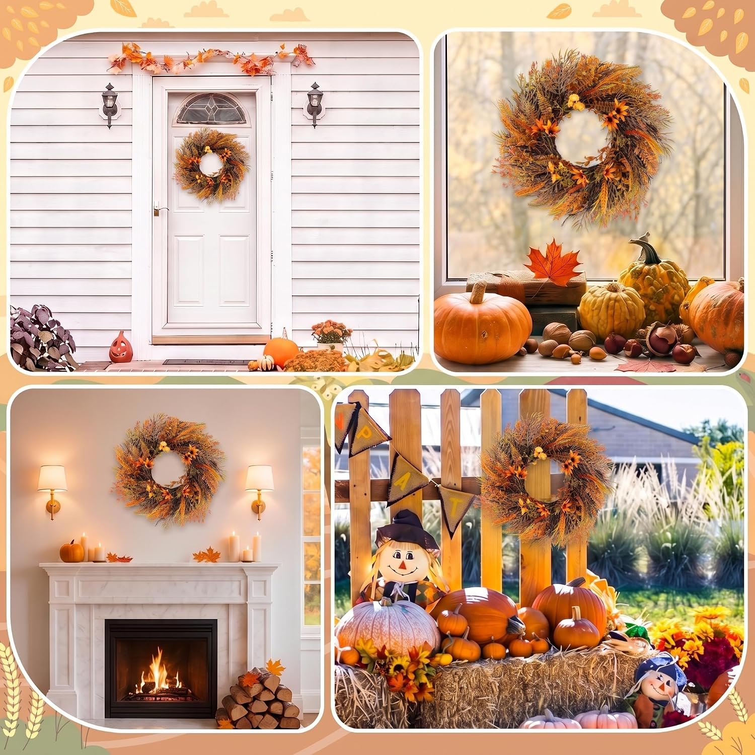 Fall Wreaths for Front Door Decor Artificial Flower, 20" Autumn Pumpkins