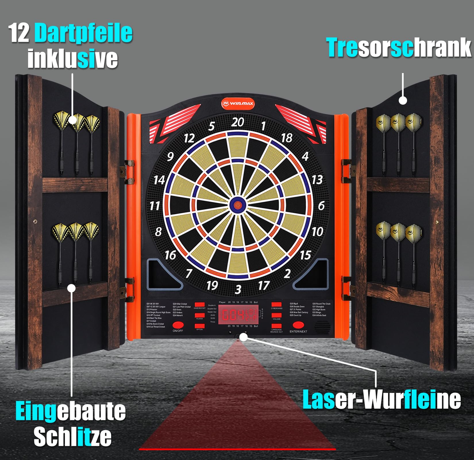 Jeu de fléchettes électronique, kit professionnel avec laser Throw/Toe Line marqueur avec voix allemande, adapté pour batterie/adaptateur pour 1 à 8 joueurs avec 12 lots
