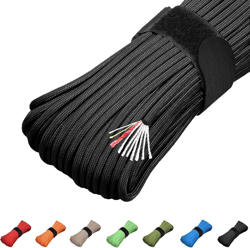 KOKKOYA 550 Paracord de supervivencia Cordón de fuego de 100 pies con hilo de pescar de 10 hebras | Cordón de supervivencia para exteriores de 31 m, núcleo de 10 hebras con yesca de lino resistente al agua e hilo de algodón para camping, supervivencia y uso de bricolaje