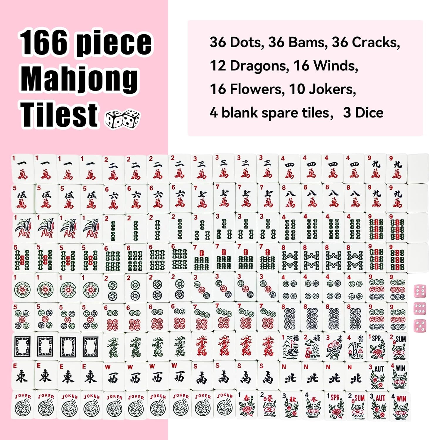 American Mahjong Tiles Set, 166 Pink Mahjong Tiles 1.2 Inch with Carrying Bag and 3 Dice, Portable American Mahjong Game for Travel, Family Game Night