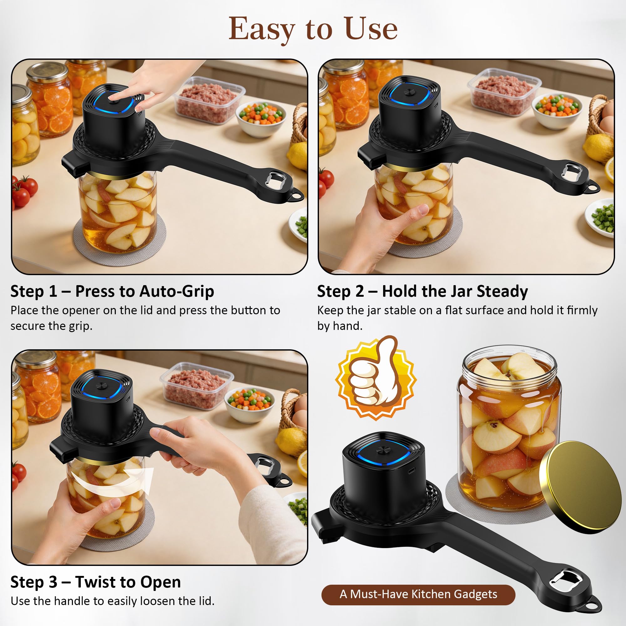 Ouvre-Boîte électrique, Ouvre-Boîte de Conserve Automatique à Une Touche, Rechargeable Ouvre-Bocal électrique, Ustensile de Cuisine pour Seniors, Arthrite & Faiblesse des Mains (Noir)