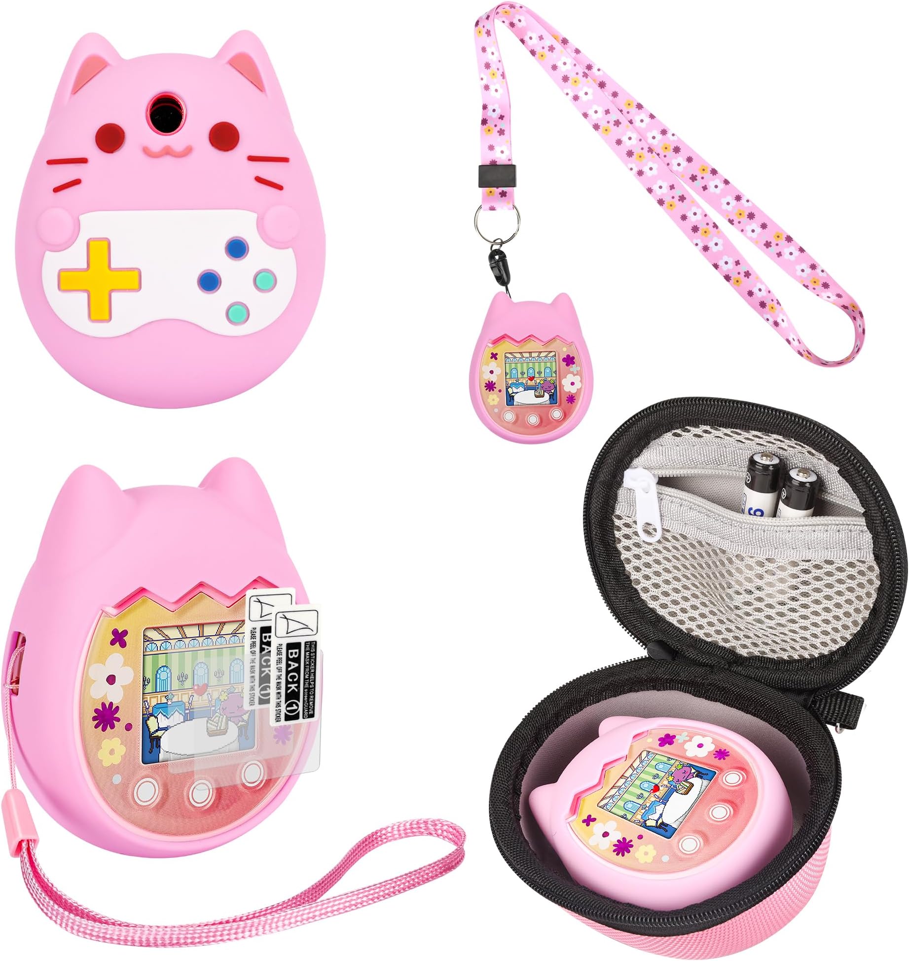Carrying Case and Silicone Cover Compatible with Tamagotchi Pix Virtual Pet Game Machine, (5-in-1) Silicone Cover for Tamagotchi Pix, with Finger Lanyard and Screen Protector (Pink)