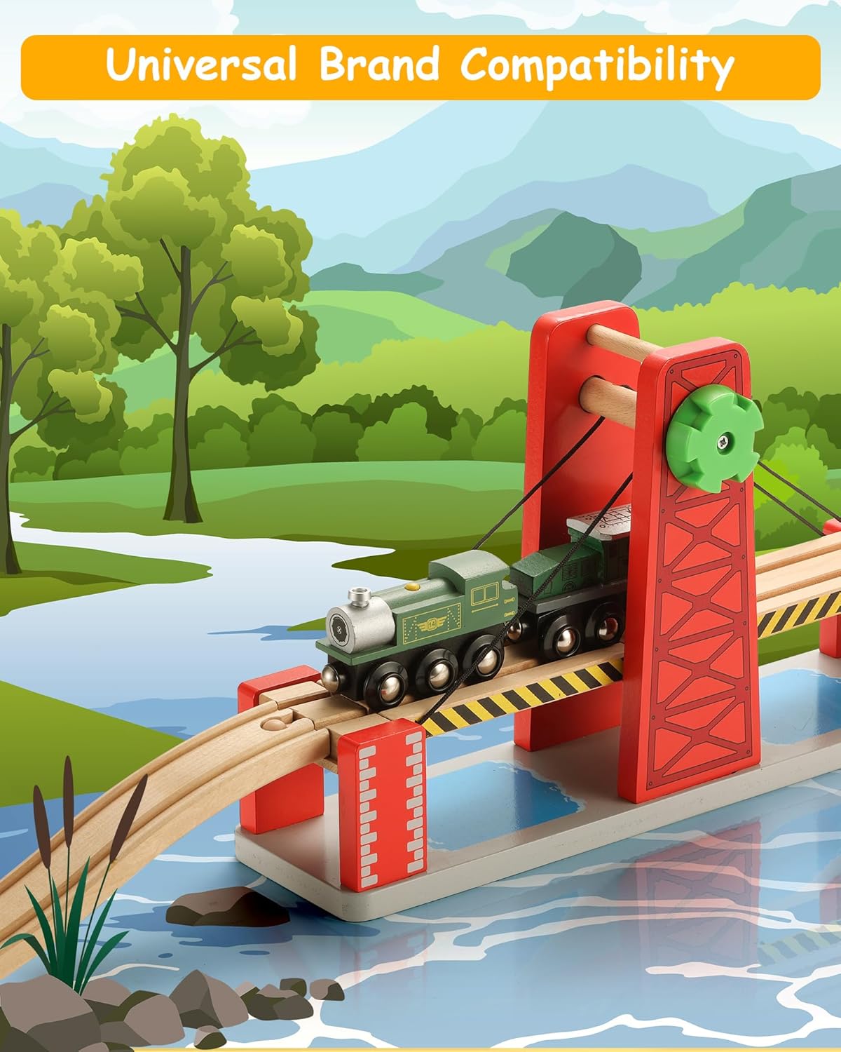 SainSmart Jr. Wooden Train Set Accessories, Lifting Bridge Set, Compatible with Brio, Thomas, Melissa and Doug