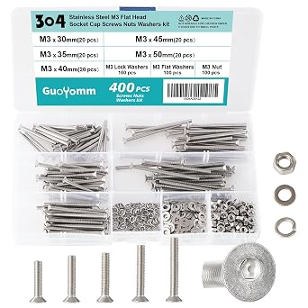 400 PCS M3 x 30mm 35mm 40mm 45mm 50mm, Flat Head Hex Socket Cap Screws Countersunk Bolts Washers Nuts Assortment Kit, Stainless Steel 304, Metric Allen Drive