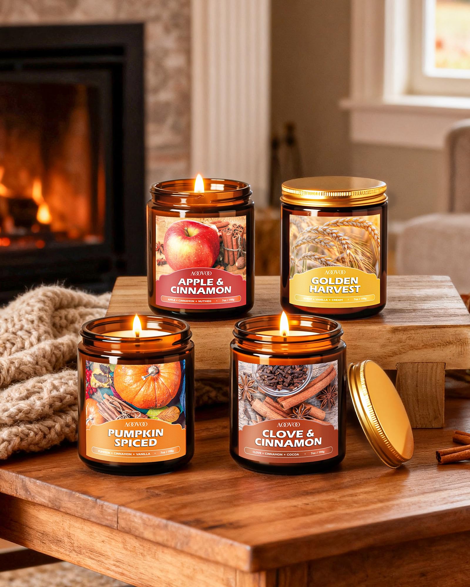 AOOVOO Fall - Juego de 4 velas perfumadas para el hogar, 28 oz, 200 horas de combustión, velas de aromaterapia con cristales, lavanda, jazmín, lirio de agua, pachulí
