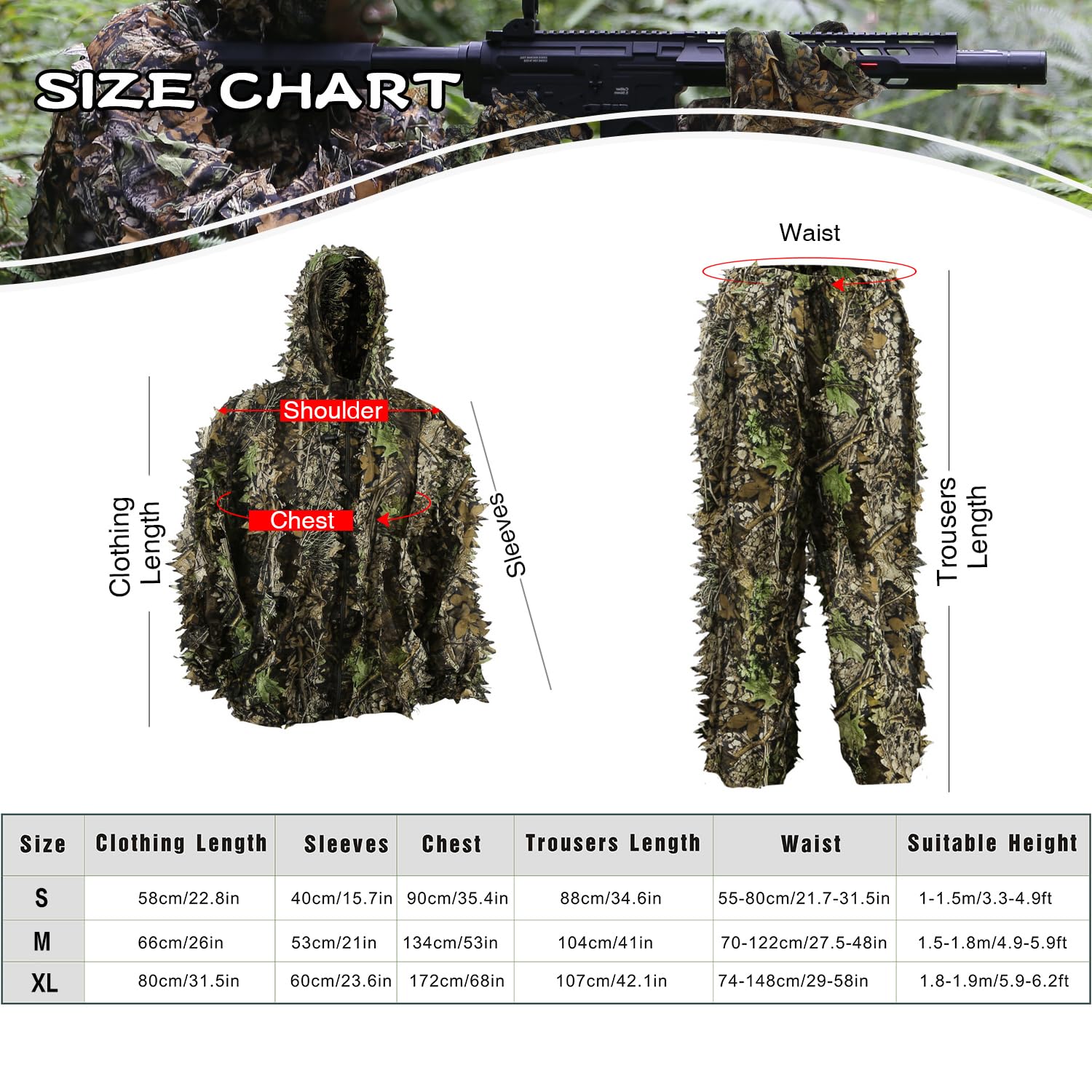 Zicac Telo Mimetico, Ghillie Suit,Tuta Mimetica con Foglie in Poliestere 3D,Abbigliamento da Caccia Invisibile nella Foresta per la Caccia Fotografica