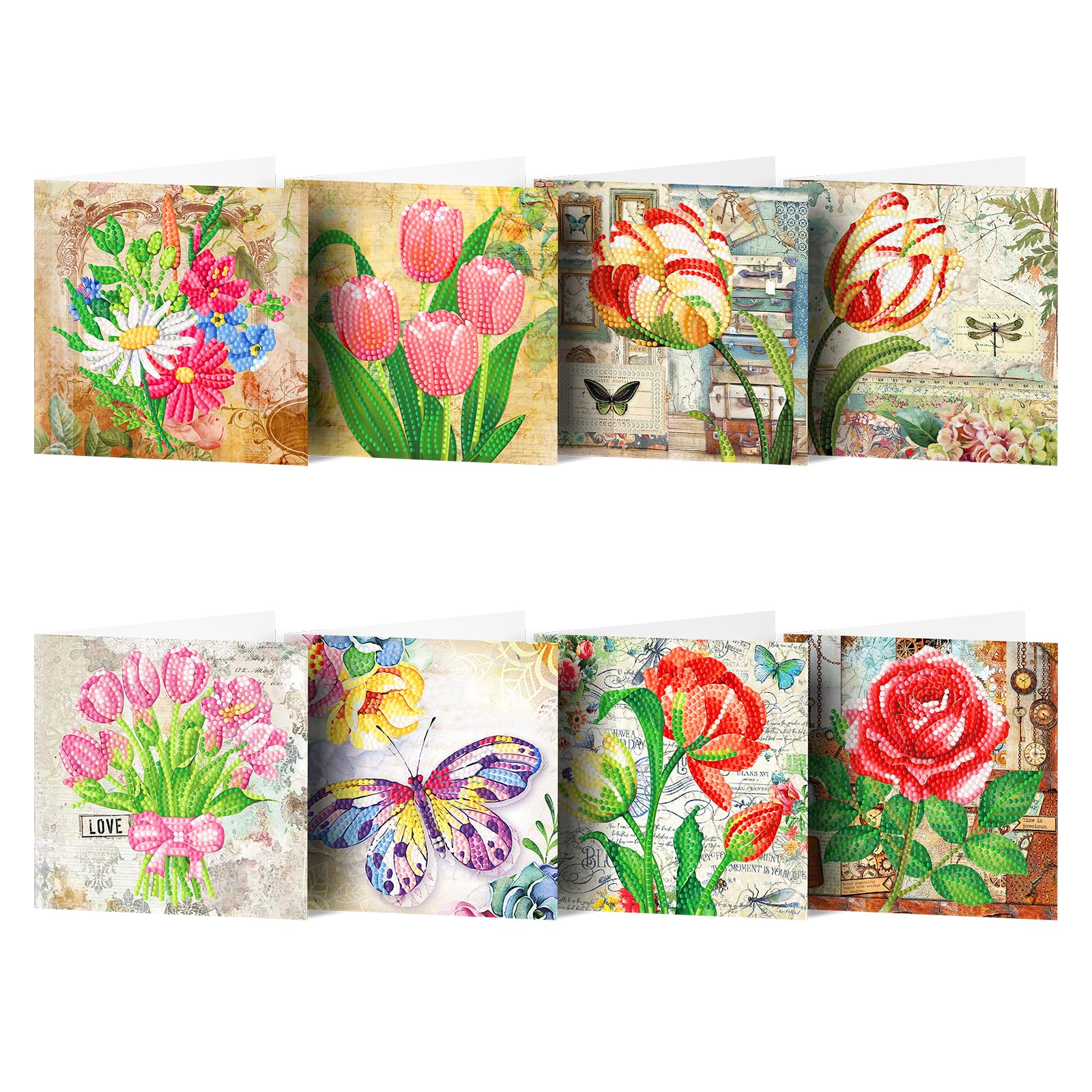 POETRYDRAW 8PCS Butterfly Flowers DIY Diamond Art Greeting Card Kits with Envelopes for Adults Gift