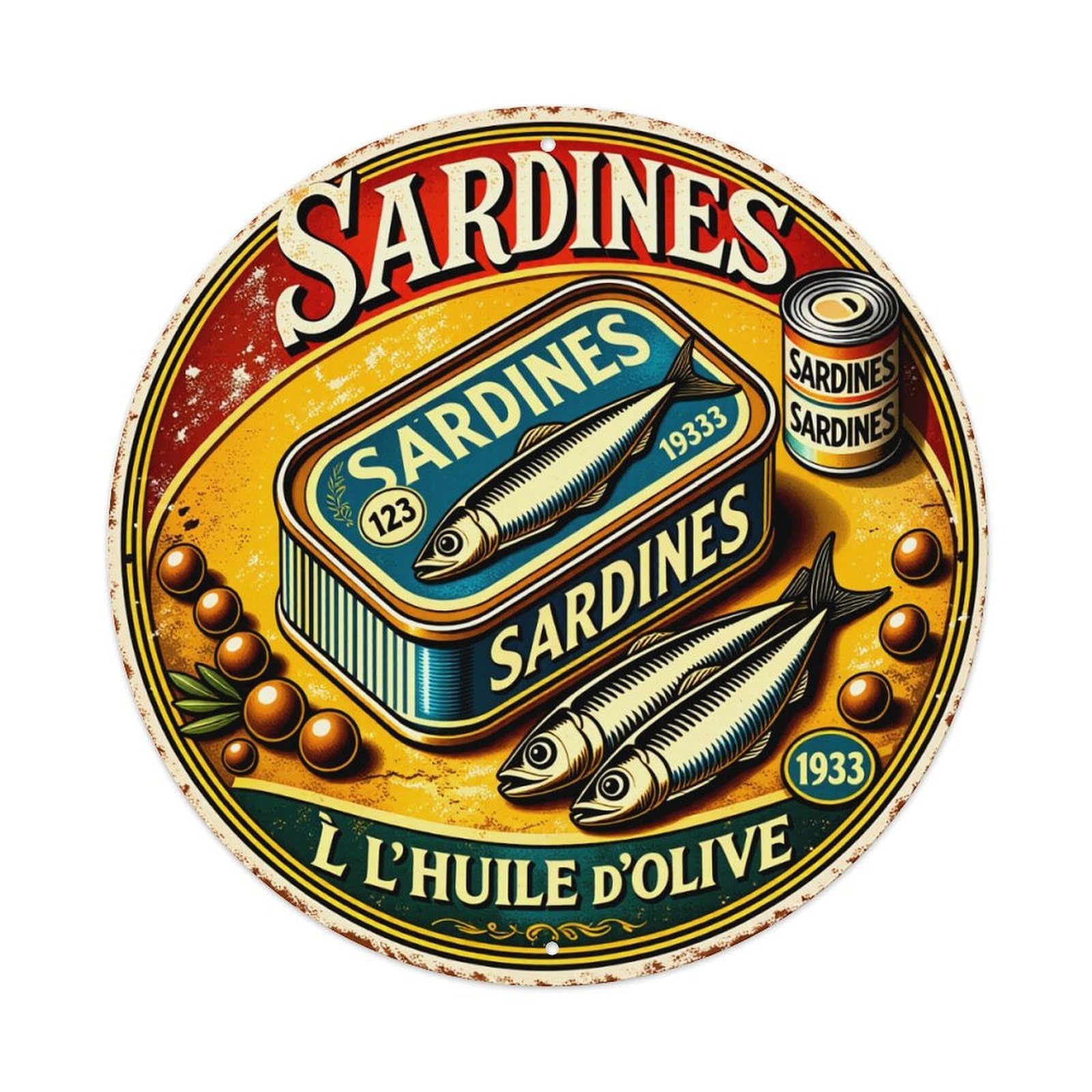 Sardines In Olive Oil Vintage Tin Design With Fish And Olives Round Vintage Tin Sign,Retro Wall Art,Metal Poster for Home, Bar, Garage, Cafe, Rustic Indoor & Outdoor Decor, 8x8 Inches