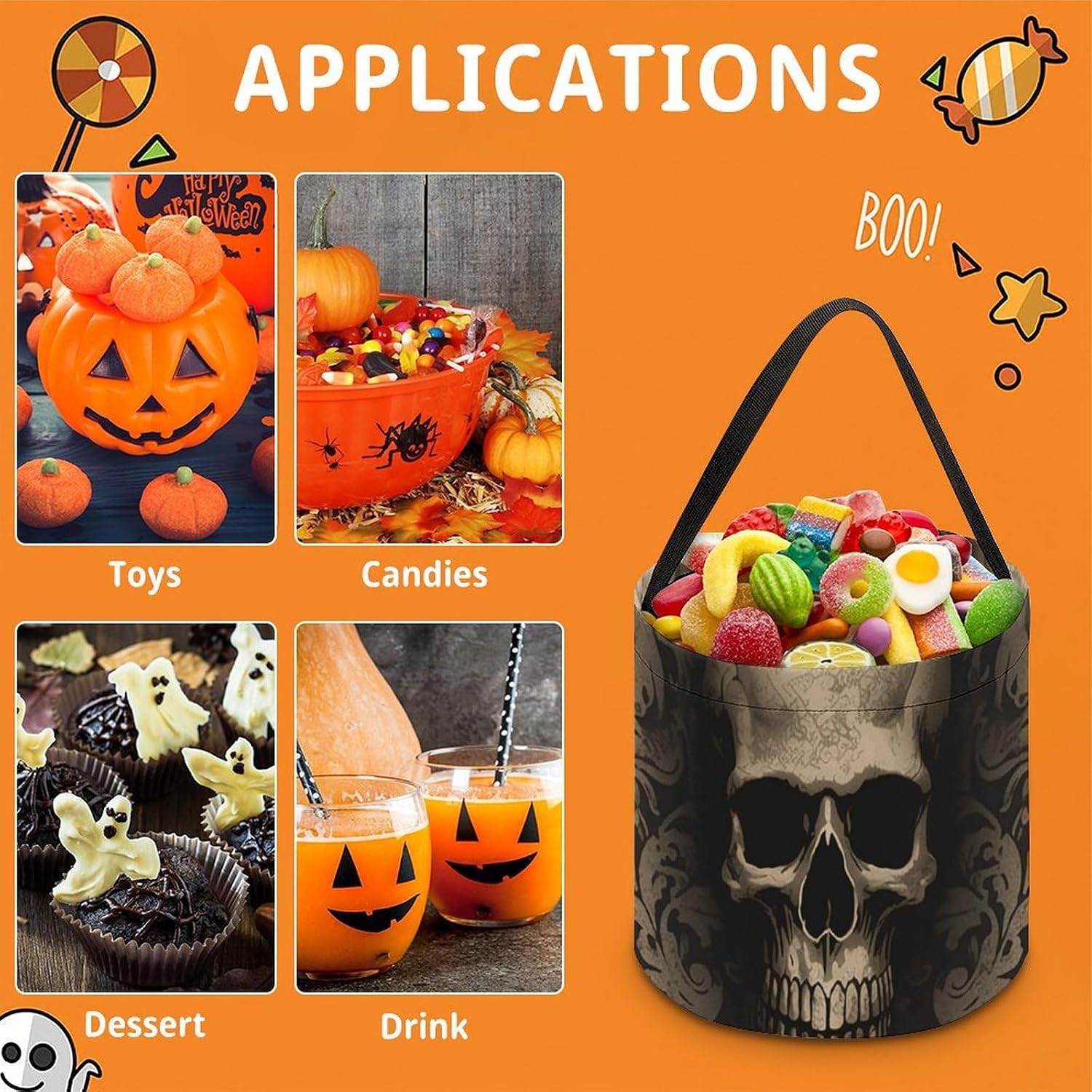 Reusable Gothic Wallpaper Skull Halloween Candy Bucket with Handle image 3