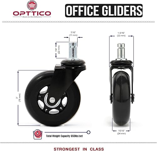 Miniatura 8 de Ruedas de hule de repuesto para silla sobre tapete- Ruedas estilo patín resistentes- Mejores ruedas de 3" para sillas de escritorio