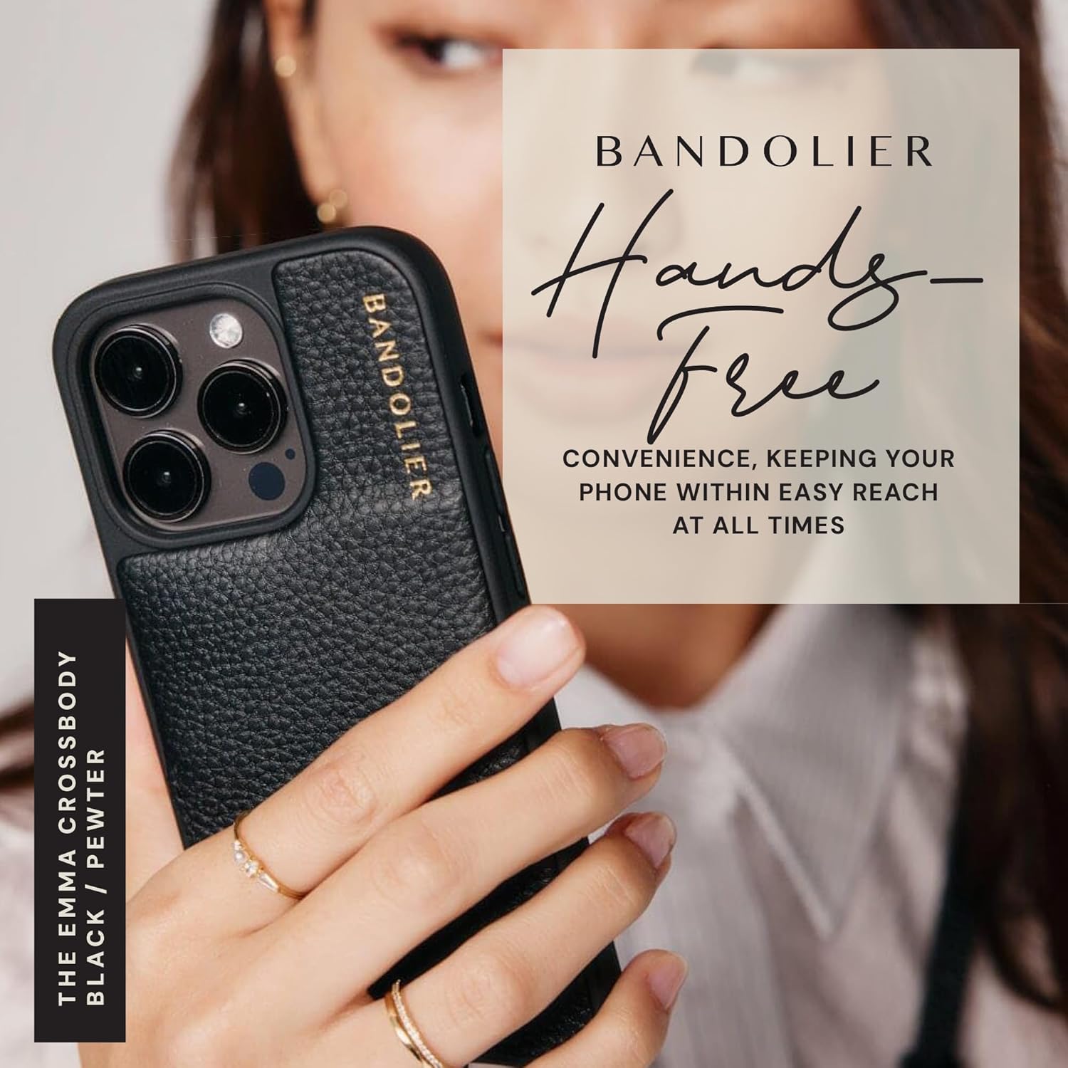 Bandolier Emma Crossbody Wallet Phone Case for iPhone 15 Pro Max. 100% Genuine Pebble Leather. Adjustable & Removable Crossbody Strap. Card Holder with Snap Closure. Black with Pewter Hardware - Image 6