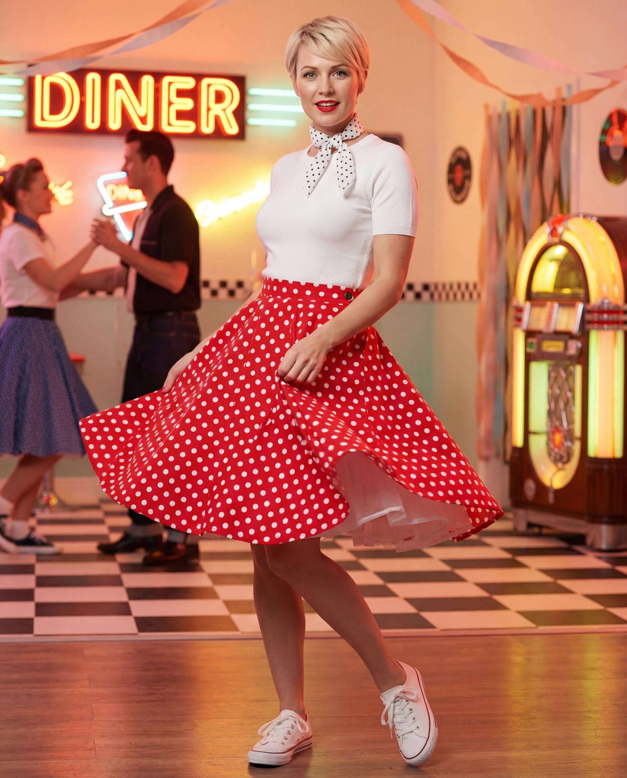 BlackButterfly Damen Swingrock Polka Dots Tellerrock | Gepunktet, Kontrastdruck, Gefüttert, Seitlicher Reißverschluss, Druckknopf, Knielang, Baumwolle, Größen XS-5XL