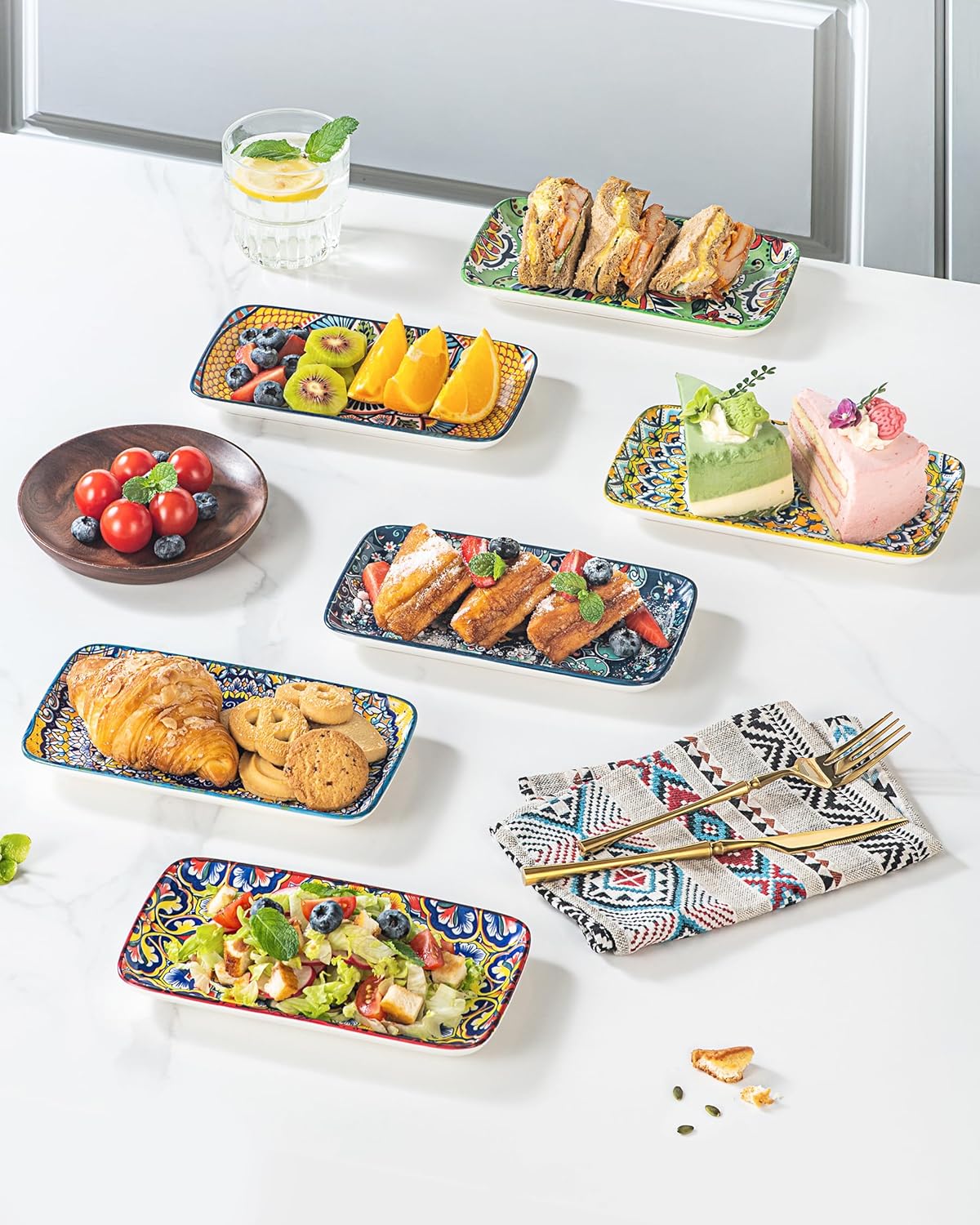 HENXFEN LEAD Ceramic Salad Plates 8 Inch – Rectangular Plates Set of 6 for Appetizer, Sushi & Dessert, Microwave & Dishwasher Safe
