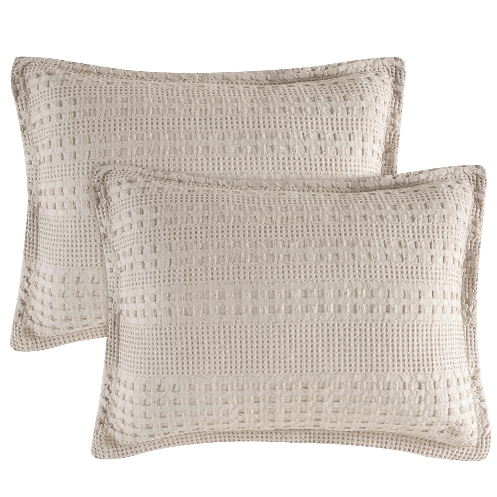 phf 100% cotton ruffle waffle pillow shams standard size, 2 pack 20" x 26" soft skin-friendly pillowcases, no filling, aesthetic home decor, breathable waffle weave bed pillow covers, oatmeal