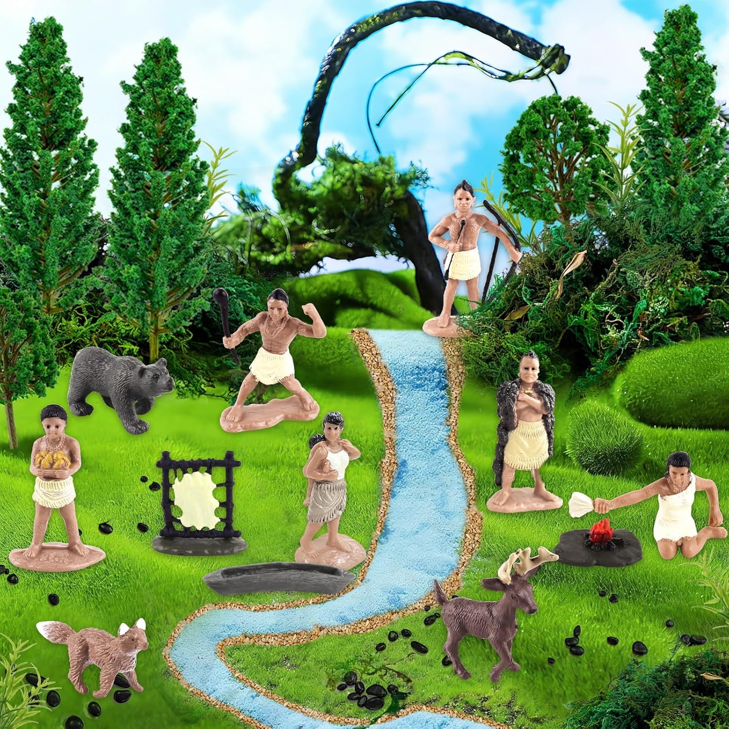 Native American Figurines Set Miniture Indian Figure Toys Indian Figurines for Kids Powhatan Indians Figures Playset Includes Camp Fire Deer Bear Fox Tree Moss for Birthday Diorama School Projects