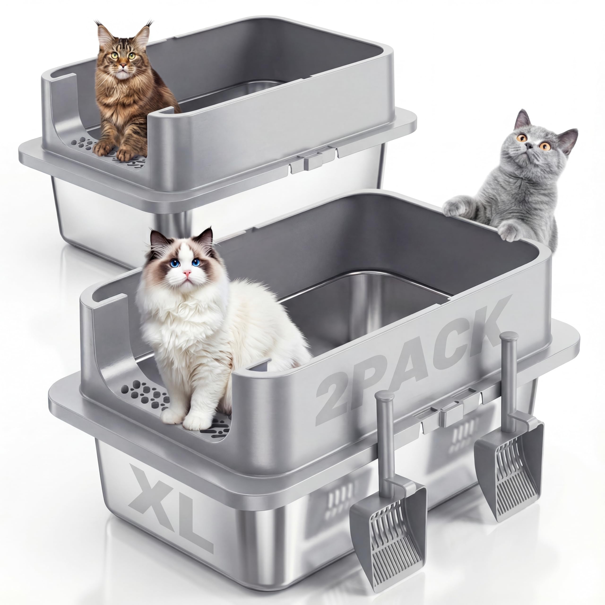 Jotesnew 2 Pack XL Stainless Steel Cat Litter Box with Lid and High Sides, 24" L x 16" W x 12" H Extra Large Metal Cat Litter Boxes for Big Cats, Leak-Proof, Non-Stick, Odor-Resistant, Includes Scoop