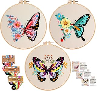 Embroidery Starter Kit with Pattern for Beginners, Butterfly Stamped Embroidery Kit, Hand Stitch with Embroidery Fabric Embroidery Set, Yarn Embroidery Starter Kits for Adults, 3 Pack