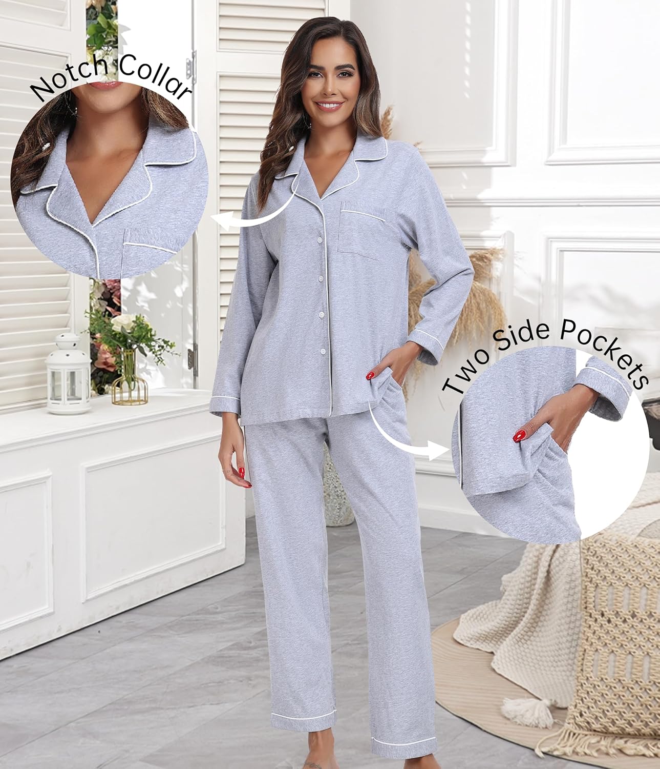CF Womens 100% Cotton Pajama Sets Long Sleeve Fall Pajamas Soft Button Down 2 Piece Lounge Sets Sleepwear with Pockets S-XXL - Image 4